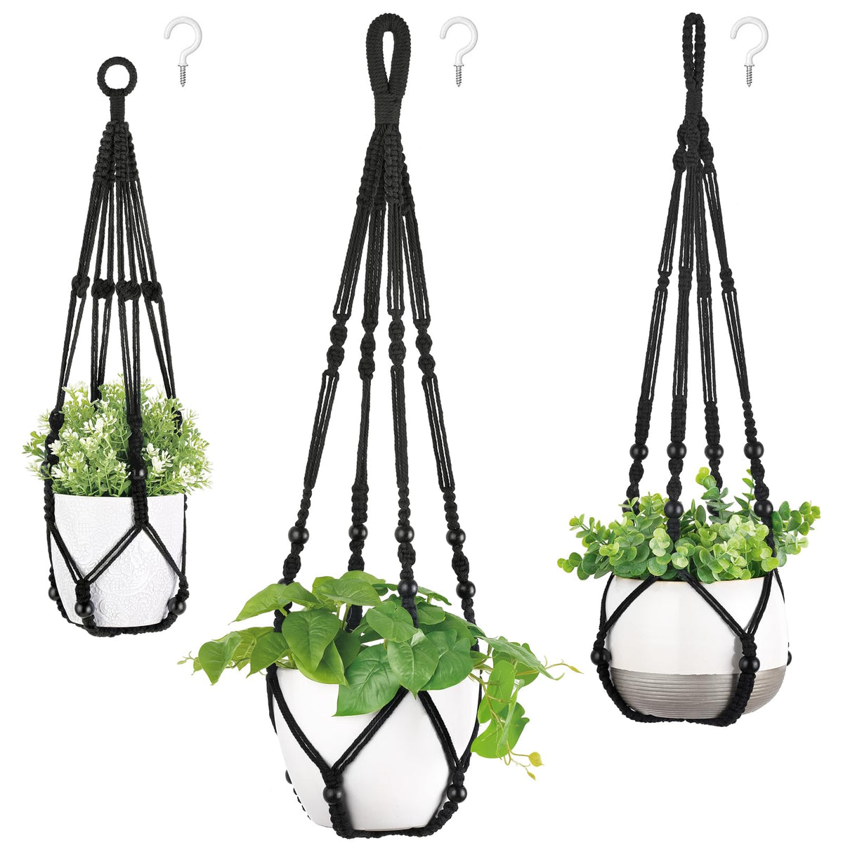 Mkono 3 Pack Macrame Plant Hangers Indoor Different Size Hanging Planter Basket Flower Pot Holder With Beads No Tassels 35'/29'