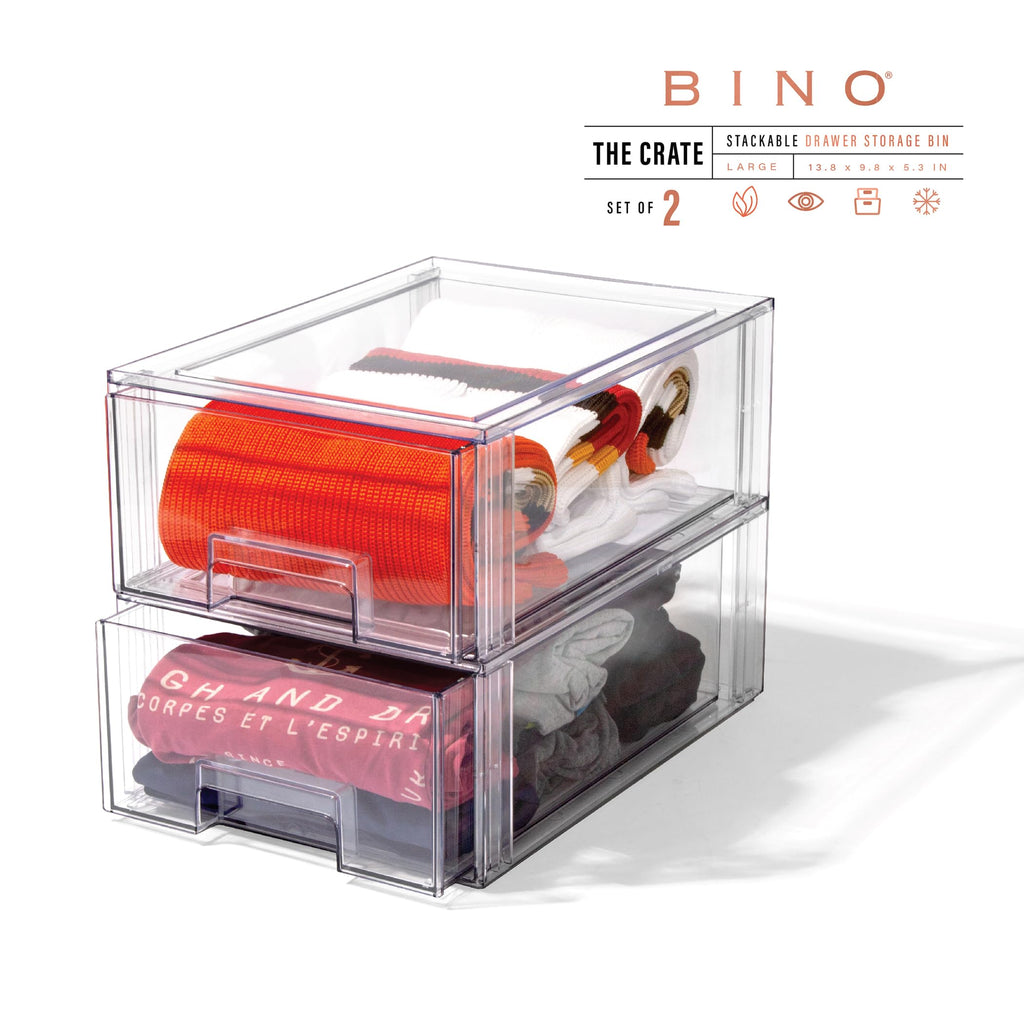 BINO Stackable Storage Drawers Large Clear Plastic 2 Pack