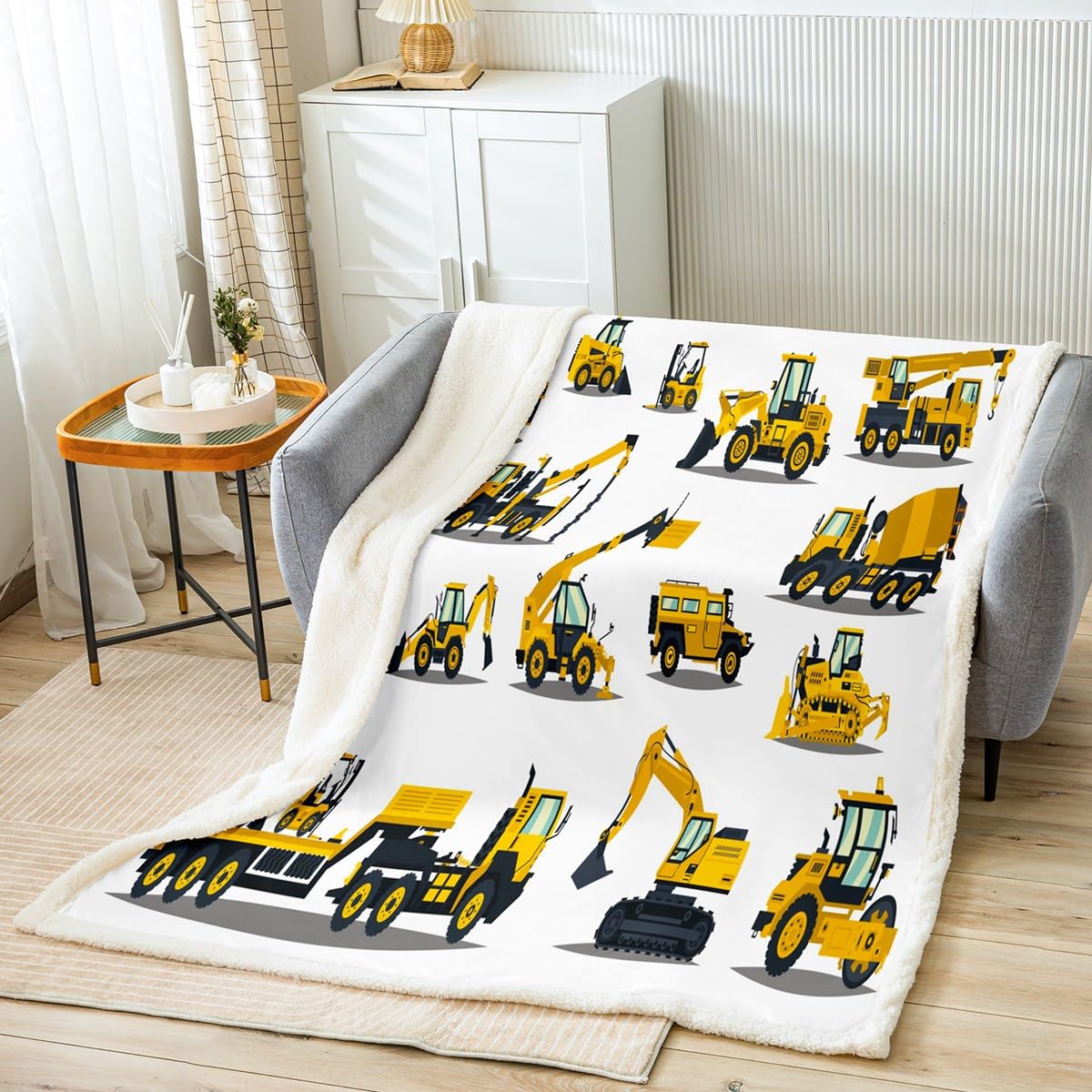 Feelyou Construction Site Fleece Throw Blanket Kids Toddler Excavator Truck Flannel Sherpa Blanket Soft Comfort Plush Blankets For Boys & Girls 50'X60'