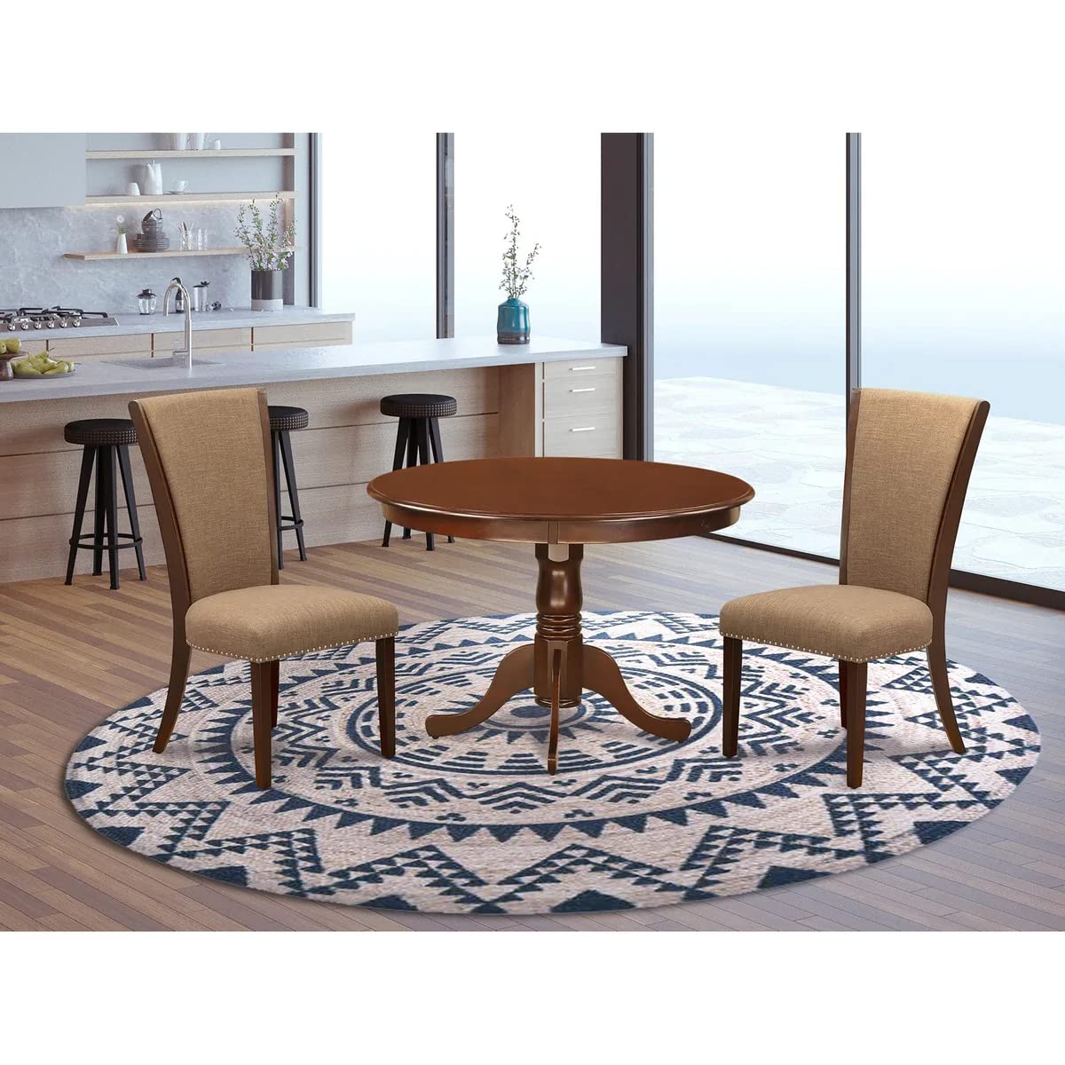 East West Furniture Hlve3-Mah-47 3 Piece Dining Set Contains A Round Dining Room Table With Pedestal And 2 Light Sable Linen Fabric Upholstered Chairs, 42X42 Inch, Linen White