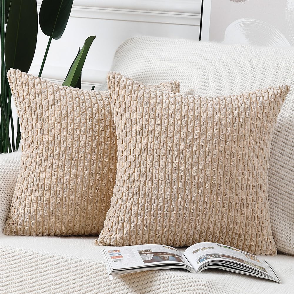 Madizz Pack Of 2 Boho Corduroy Striped Throw Pillow Covers 24X24 Inch Beige Soft Decorative Cushion Cover For Bedroom Sofa Pillo