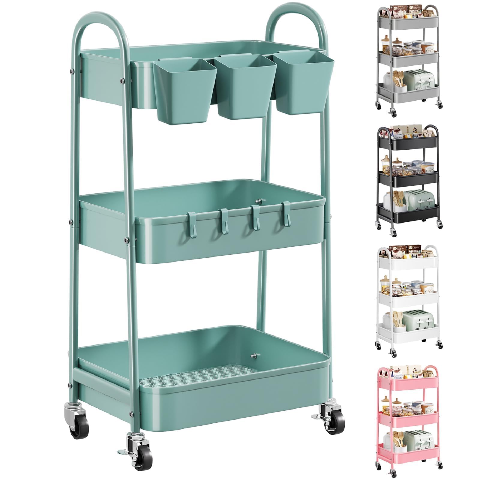 3 Tier Green Metal Rolling Cart with Lockable Wheels and Handle, 3 Tiered Utility Storage Organizer Carts for Teachers, Arts, Cr