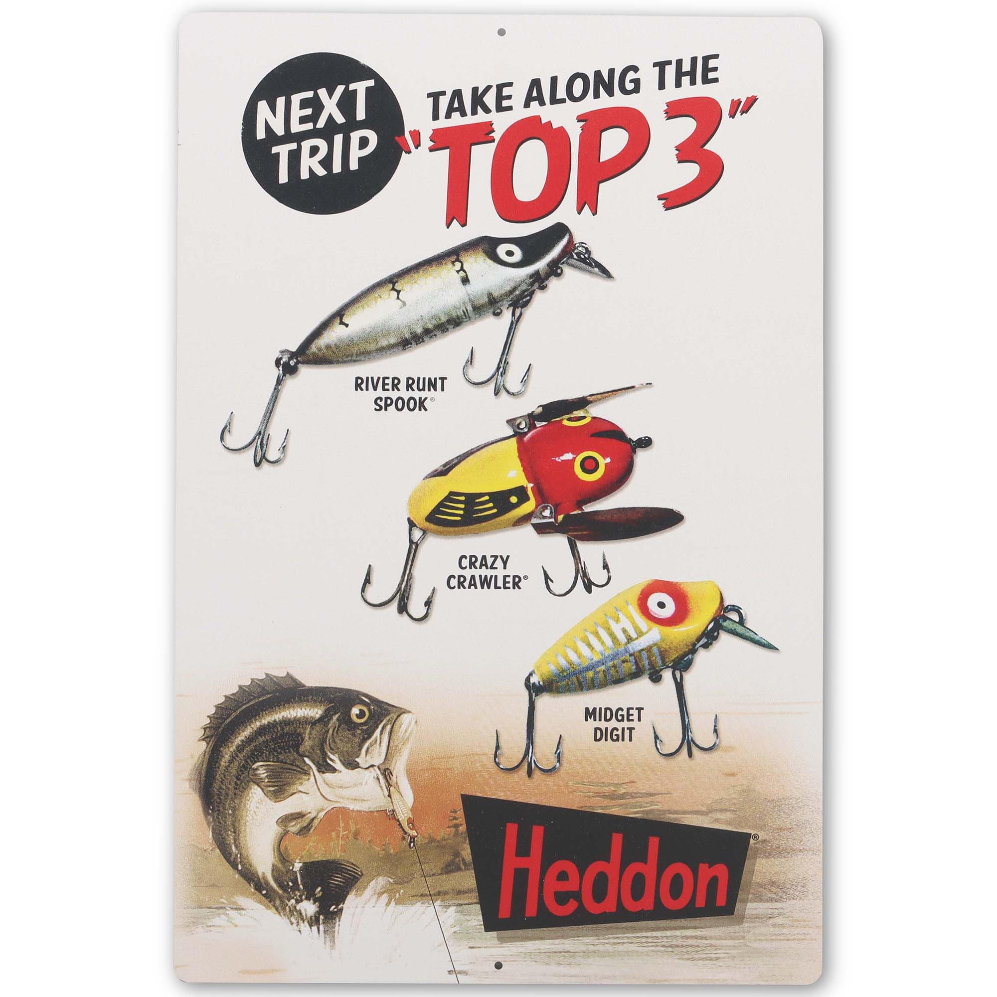 Heddon Top 3 Fishing Lures Metal Sign - Vintage Fishing Wall Decor for Garage, Man Cave or Cabin