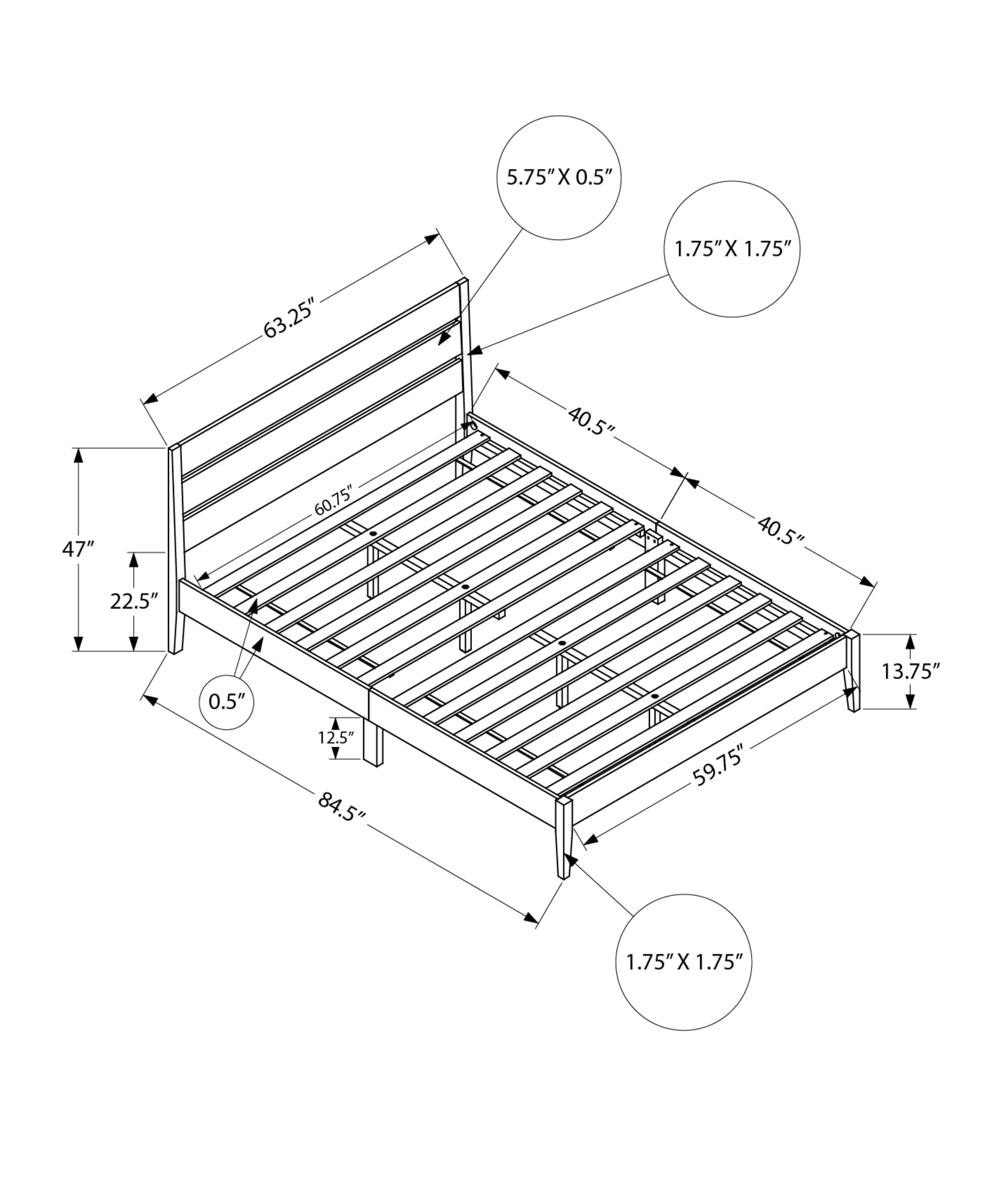 Monarch Specialties I 6065Q Bed, Queen Size, Frame Only, Platform Bed, Bedroom, Grey Wood Frame, Grey Solid Wood Legs, Contemporary
