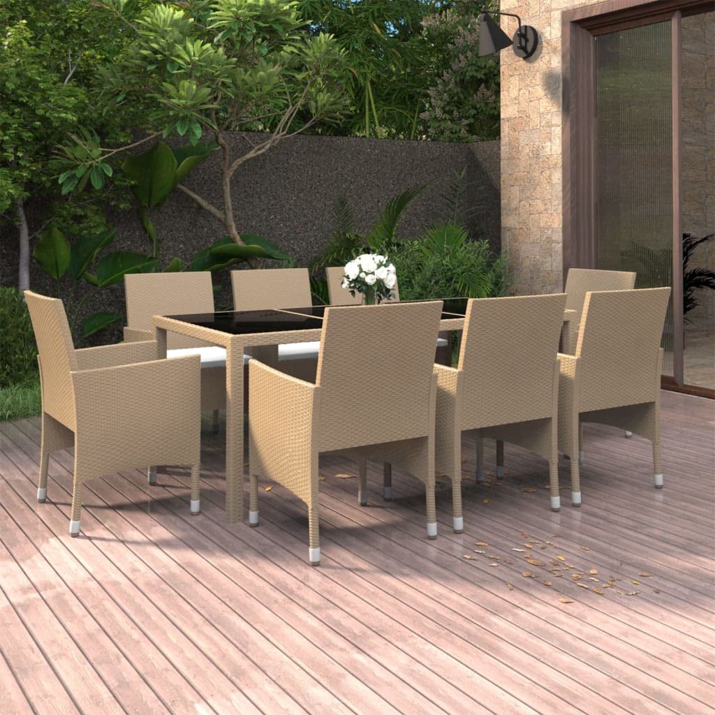vidaXL Patio Dining Set 9 Piece Garden Outdoor Lawn Yard Terrace Balcony Backyard Table and Chair Seat Seating Furniture Poly Rattan Beige
