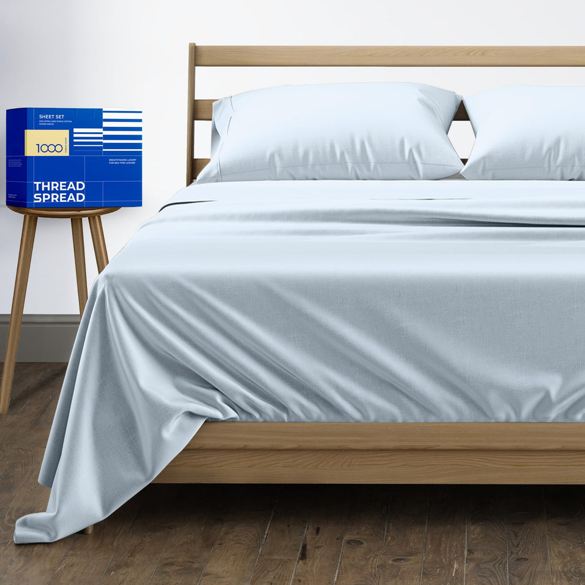 Pure Egyptian Queen Size Cotton Bed Sheets Set (Queen, 1000 Thread Count) Light Blue Bedding Pillow Cases (4 Pc) Egyptian Cotton