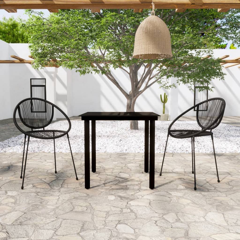 vidaXL 3 Piece Patio Dining Set Black – Outdoor Furniture Set with Powder-Coated Steel Frame, Glass Tabletop, and PVC Rattan Chairs for Garden, Patio, Deck
