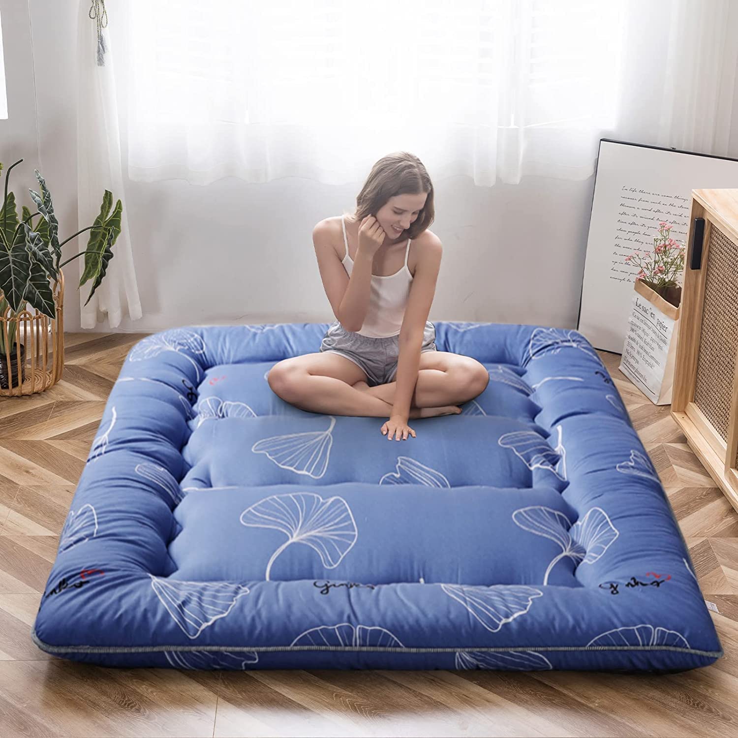 Maxyoyo Leaf Printed Japanese Floor Futon Mattress, Tatami Floor Mat Portable Camping Mattress Kids Sleeping Pad Foldable Roll Up Floor Lounger Couch Bed For Guest Room, Full