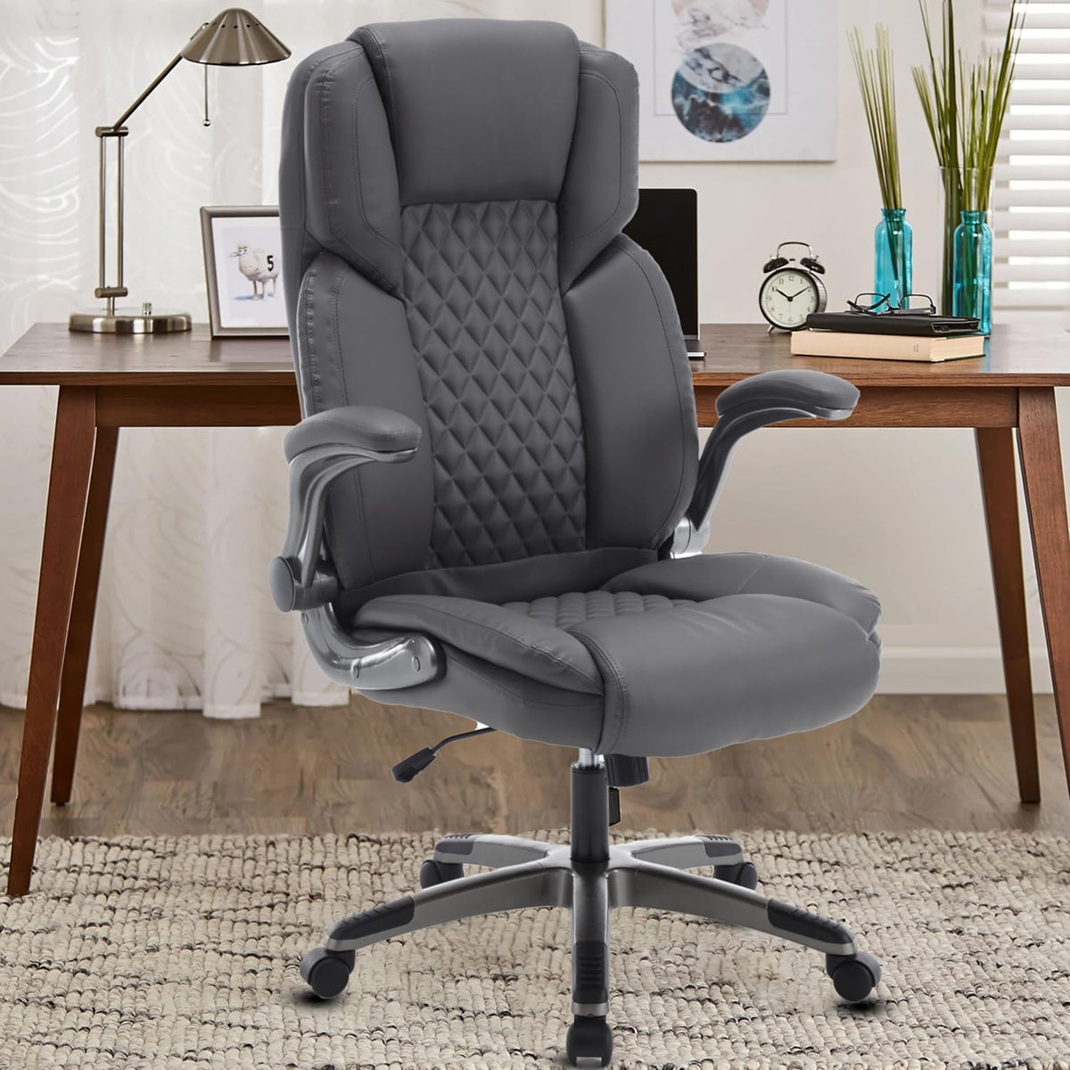 Reficcer Executive Office Chair With Flip Up Arms, Ergonomic Pu Leather Office Chairs With Wheels, 90-120 Rocking High Back Offi