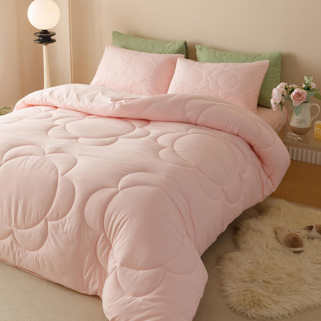 Luxlovery Pink Sunflower Comforter Set Twin Light Pink Floral Quilts Blush Pink Bedding Comforter Set Boho Farmhouse Plain Color