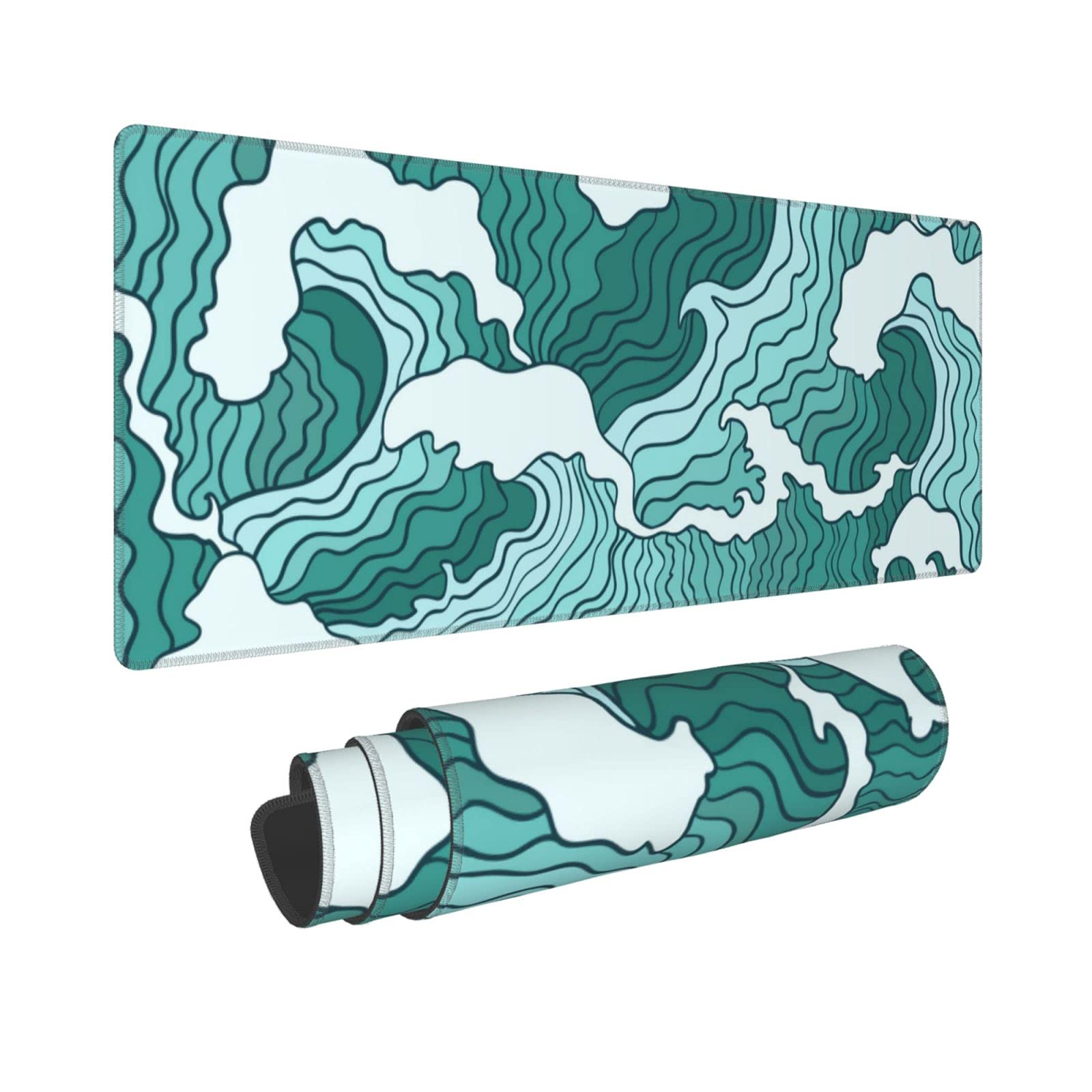 Japanese Green And White Wave Gaming Mouse Pad Xl, Non Slip Rubber Base Mousepad, Stitched Edges Desk Pad, Extended Large Mice P