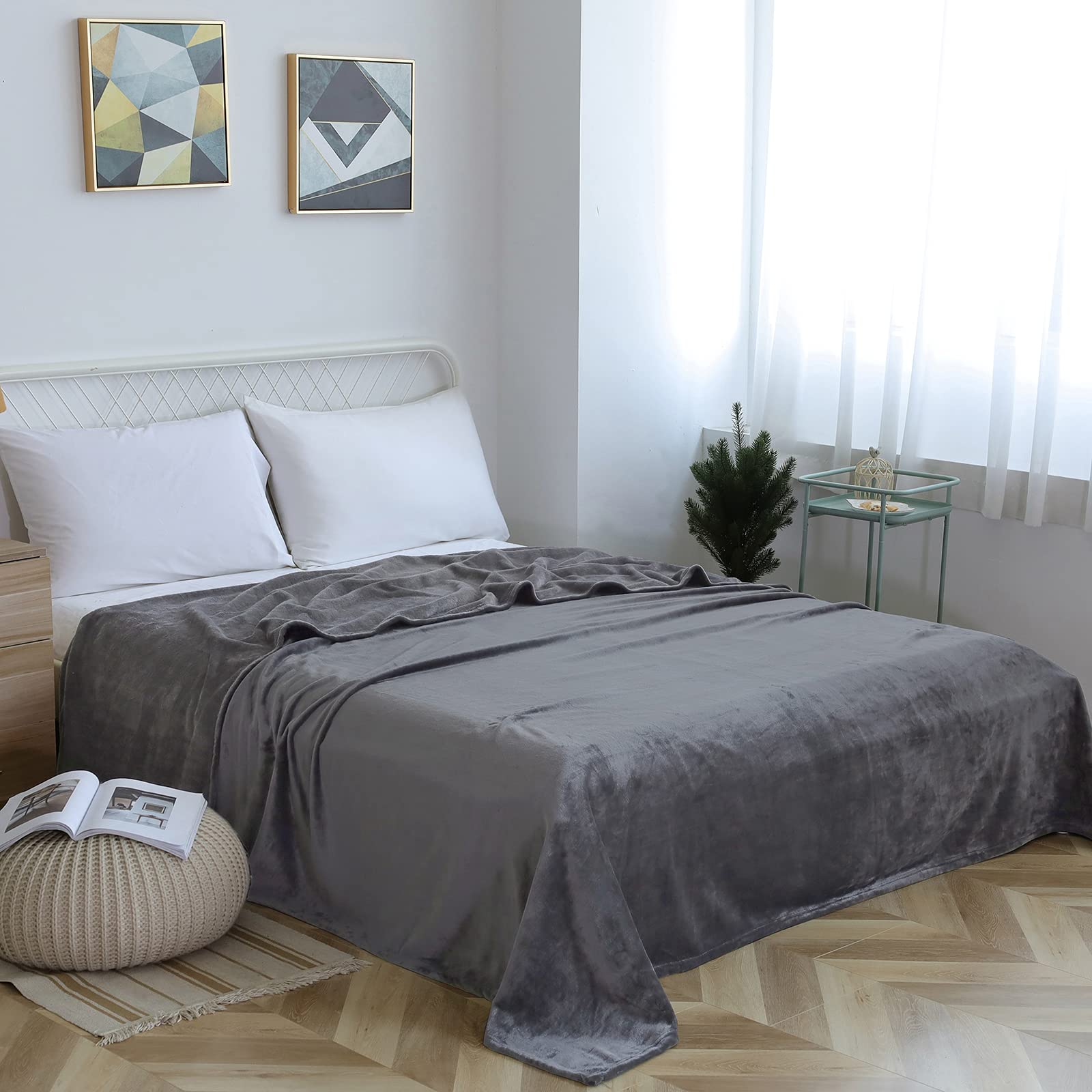 Sochow Flannel Fleece Blanket King Size, All Season Lightweight Super Soft Cozy Blanket For Bed Or Couch, Grey(90Inch X108'')