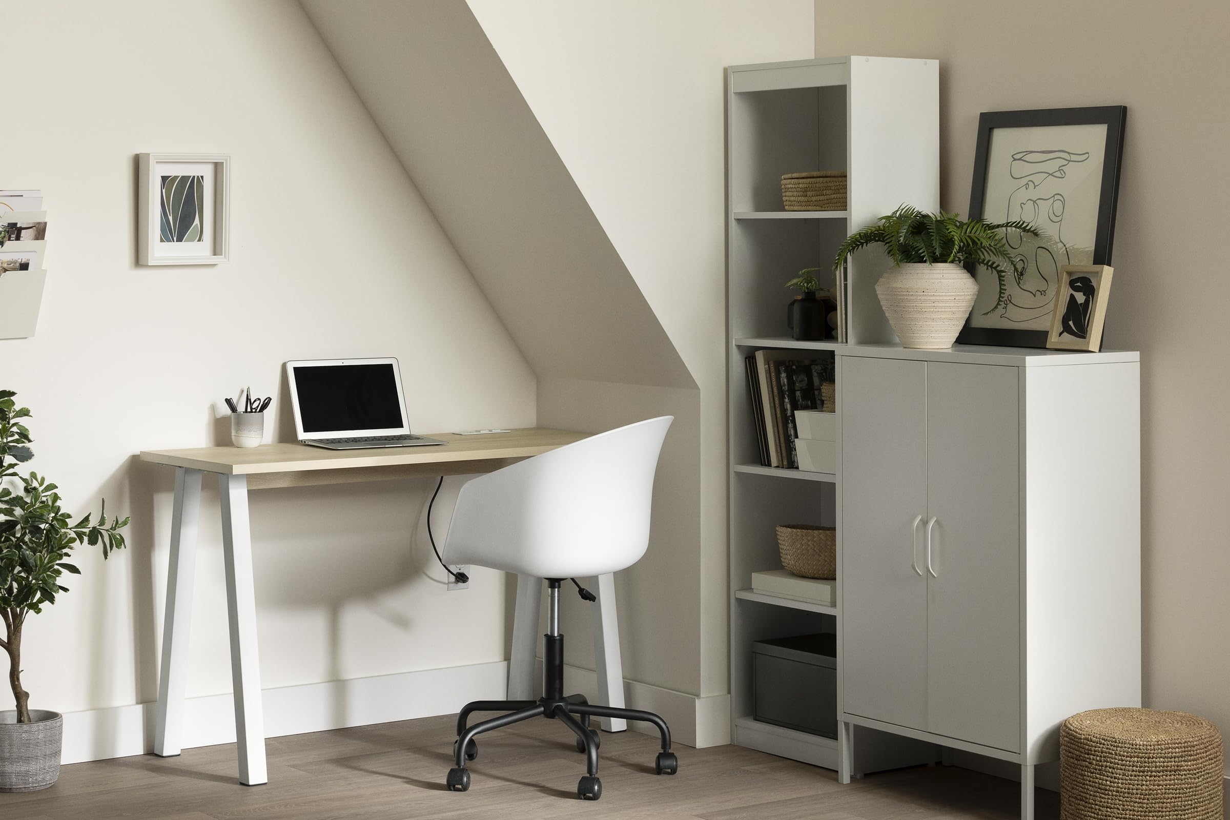 South Shore Milestone Computer Desk, Bleached Oak and White