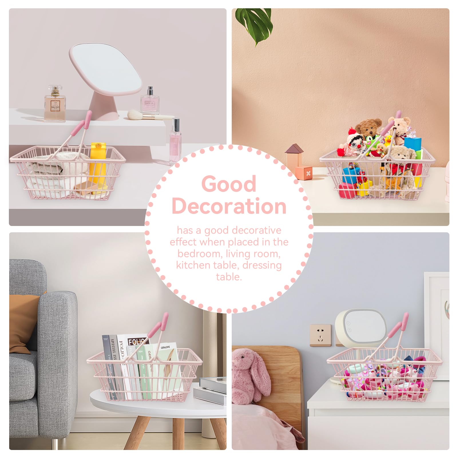 Cyrank Mini Pink Shopping Basket For Kids, Portable Iron Storage Basket With Handles, Good Decoration For Home