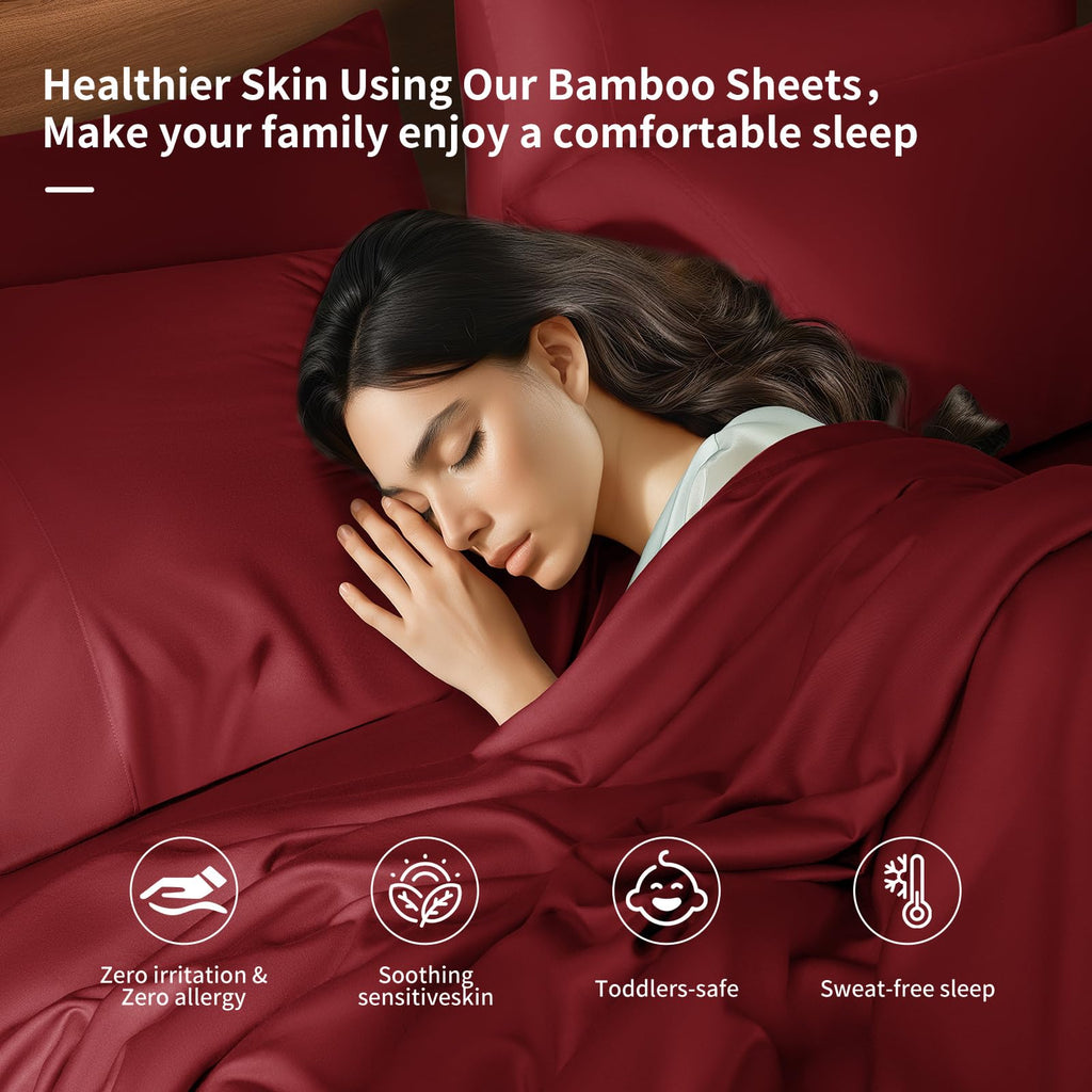 Shilucheng 6 Piece King Sheet Sets, Cooling Sheets, Blend Rayon Derived From Bamboo, Deep Pocket Up To 16', Breathable & Soft Bed Sheets, Hotel Silky Bedding Set, Burgundy