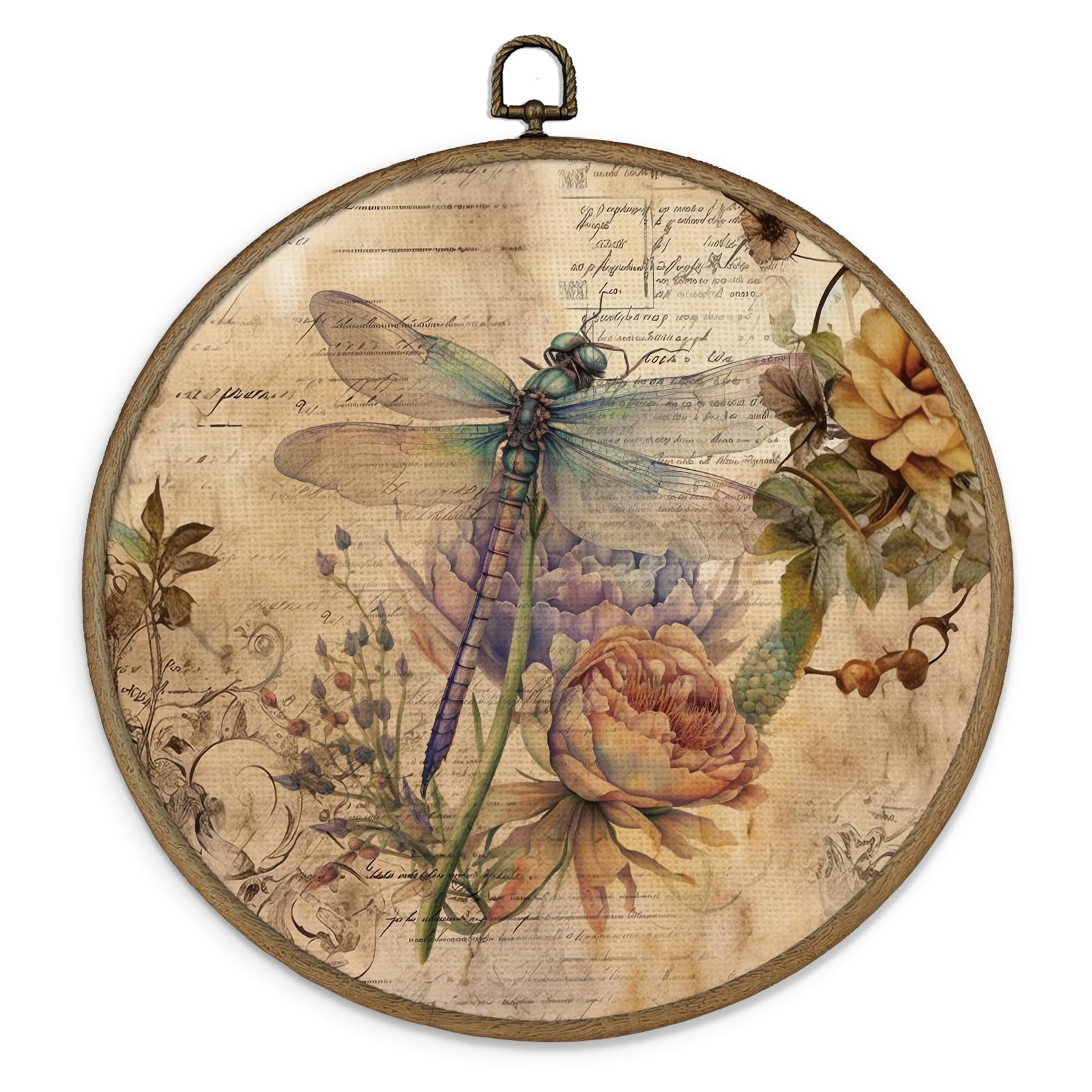 MAQIKA Vintage Dragonfly Flower Framed Wall Art Decor, Dragonfly Wall Art, Retro Botanical Round Wall Hanging Decor, Dragonfly C