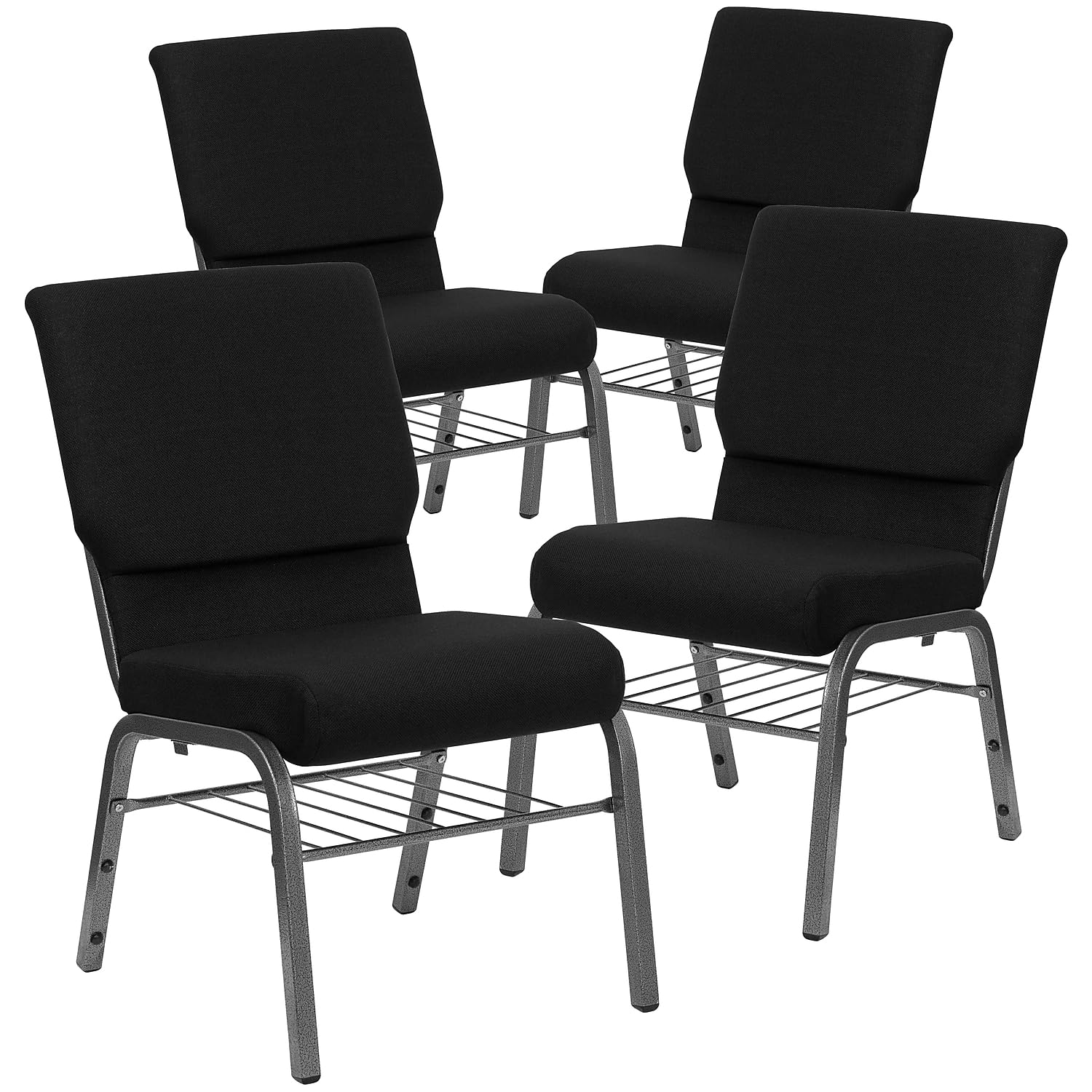 4 Pk. 18.5W Black Fabric Church Chair, Book Rack - Silver Vein Frame