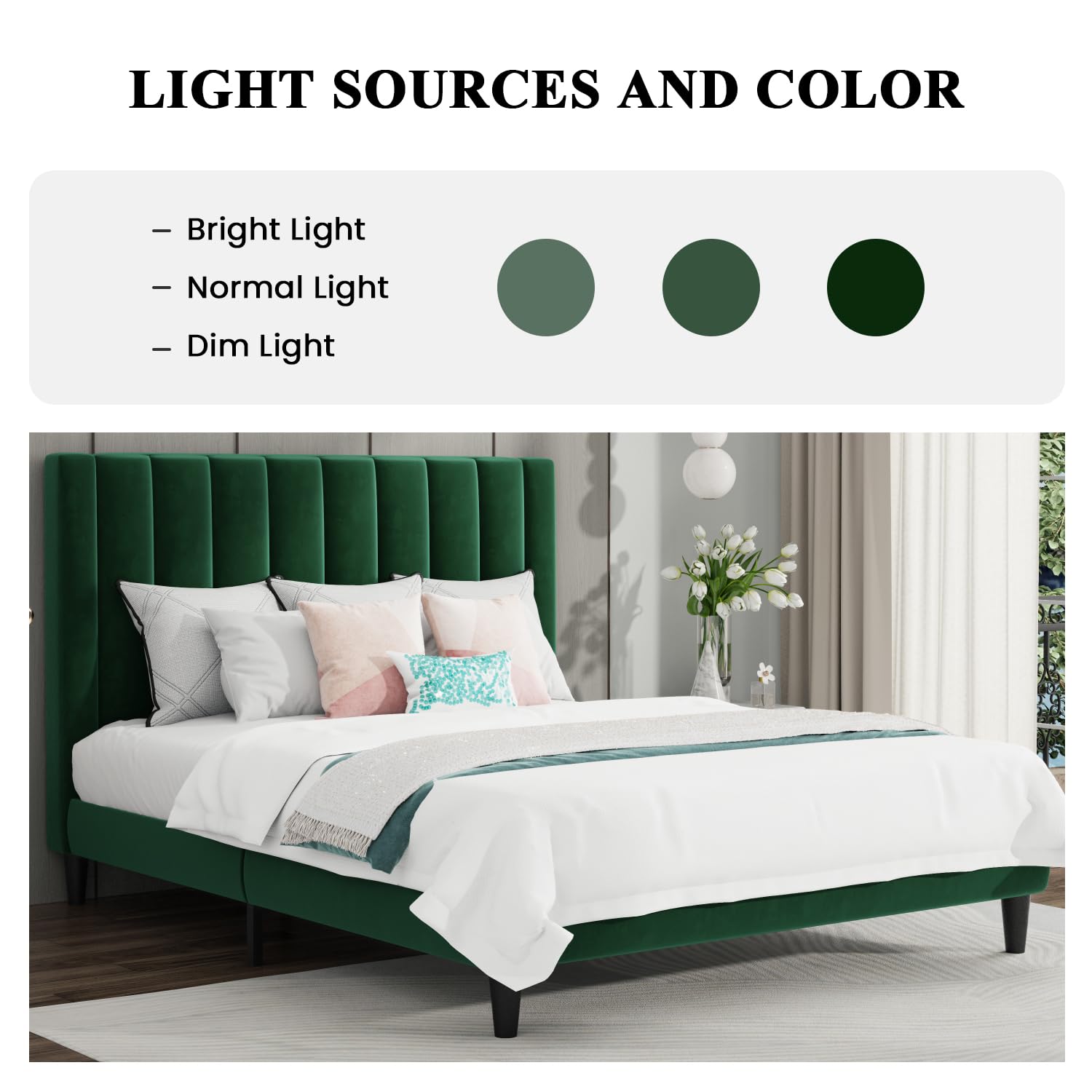 Sha Cerlin Queen Bed Frame/Velvet Upholstered Platform Bed Frame With Headboard/Strong Wood Slats Support/Mattress Foundation/No Box Spring Needed - Green