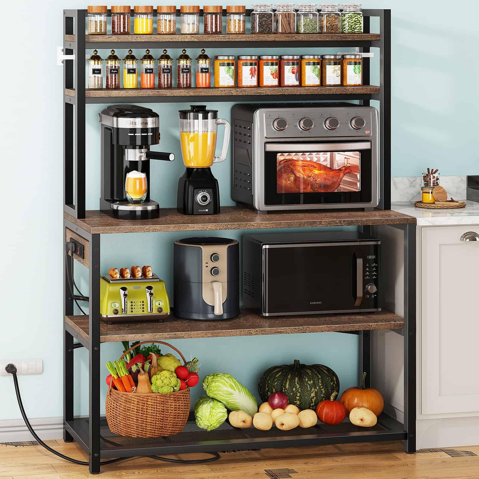 Denkee 39.4 Inch Wide Large Bakers Rack with 3 Power Outlets, 5 Tiers Microwave Stand with Storage, Freestanding Kitchen Stand, 