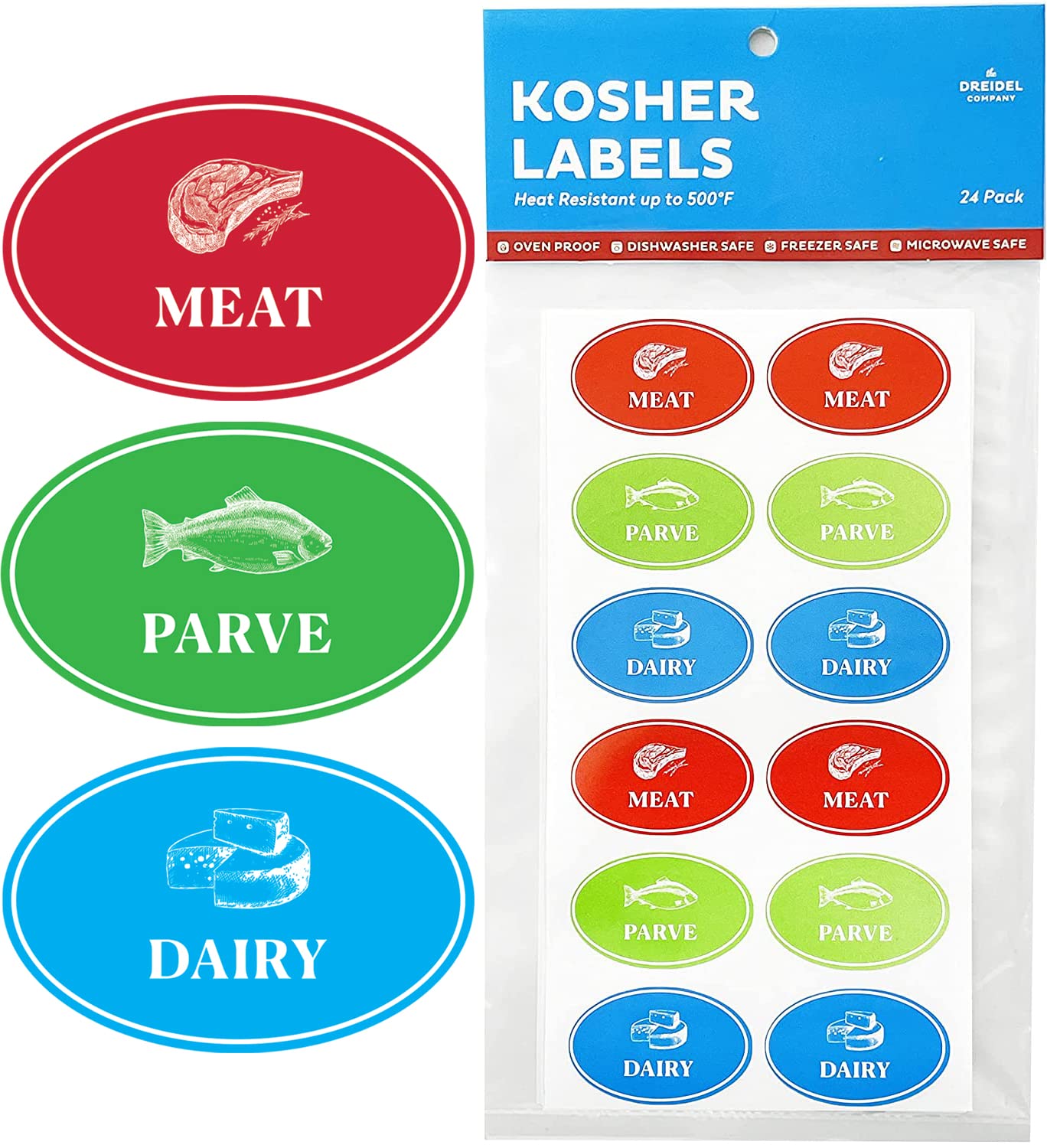 The Dreidel Company 24 Assorted Kosher Labels, 8 Blue Dairy, 8 Red Meat, 8 Green Stickers, Oven Proof Up To 500, Freezable, Micr