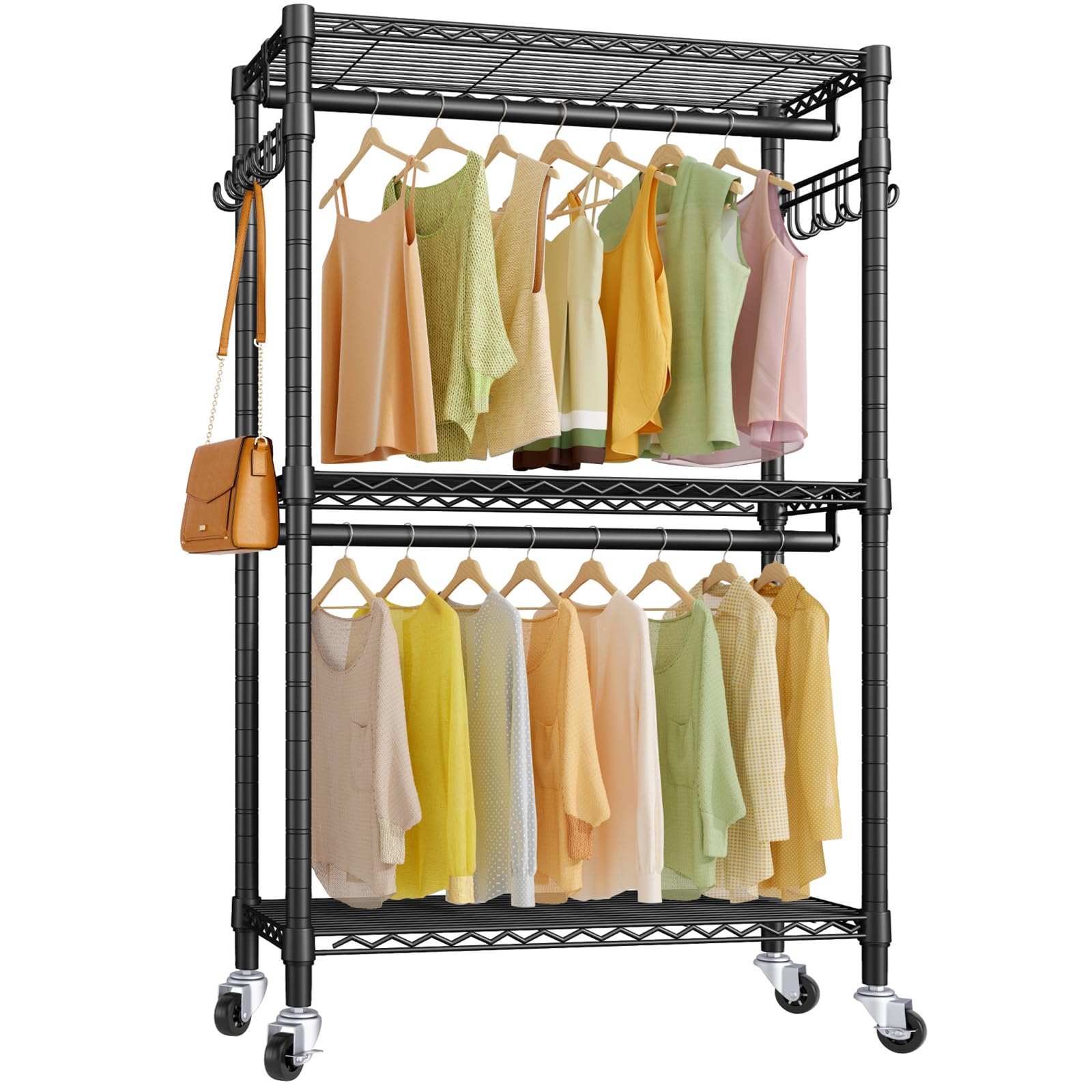 VIPEK V12 Medium Heavy Duty Rolling Garment Rack 3 Tiers Adjustable Clothes Rack with Double Rods & Hooks, Freestanding Wardrobe