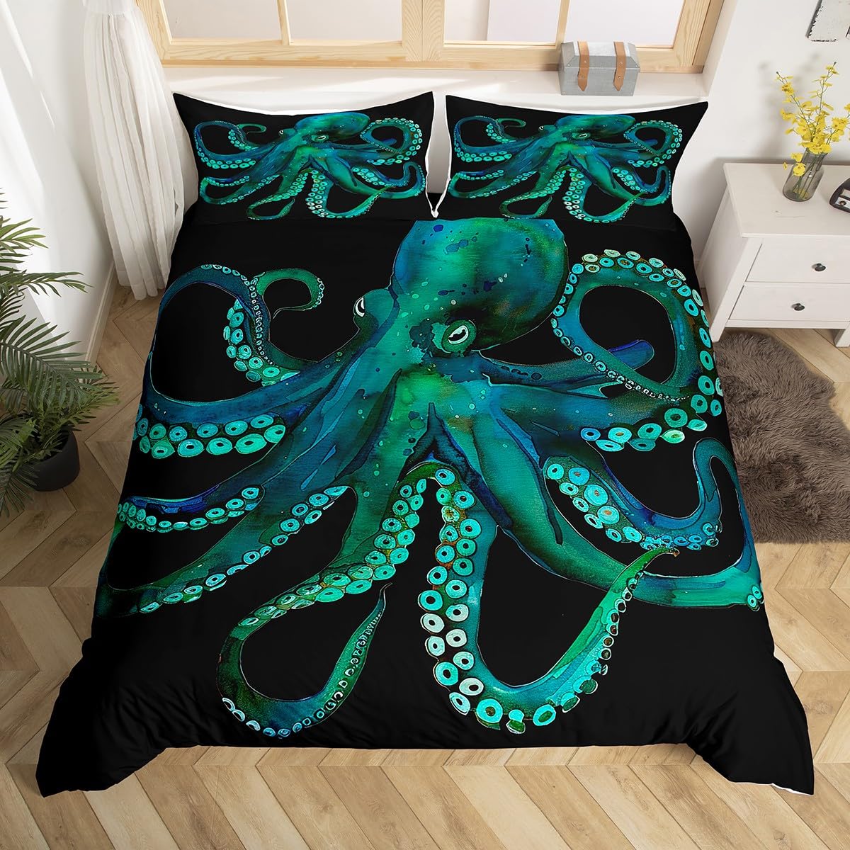 Feelyou 3D Green Octopus Duvet Cover Octopus Tentacles Bedding Set For Kids Adults Sea Marine Themed Comforter Cover Underwater