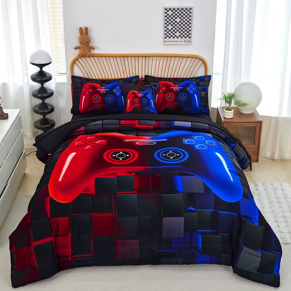 Perfemet 6 Pieces Gaming Bedding Sets Full Size Red And Blue Gamer Comforter Set For Boys Girls Soft Fluffy 3D Cool Video Game K