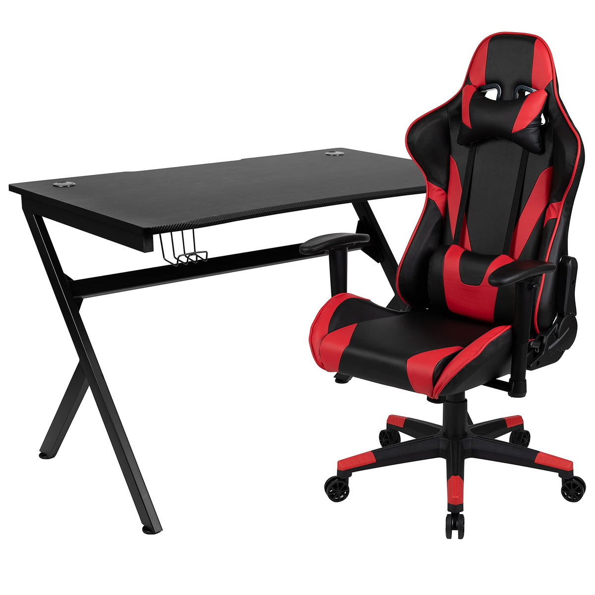 Flash Furniture Black Gaming Desk and Red/Black Reclining Gaming Chair Set with Cup Holder, Headphone Hook & 2 Wire Management Holes