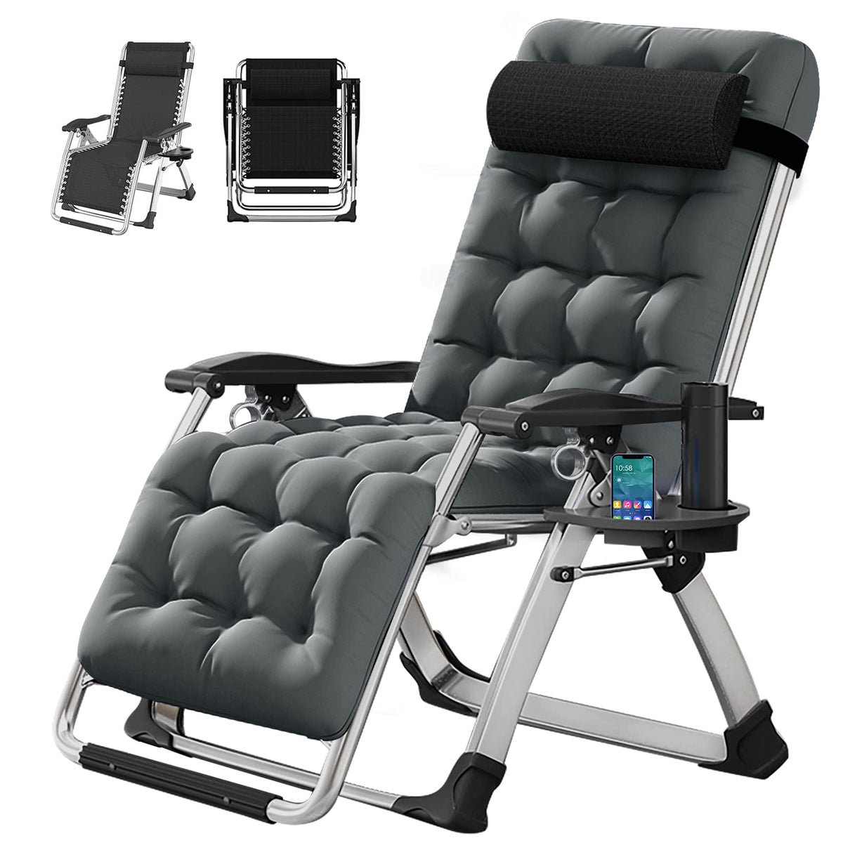Zero Gravity Chair, Lawn Recliner, Reclining Patio Lounger Chair, Folding Portable Chaise With Detachable Soft Cushion, Cup Holder, Headrest