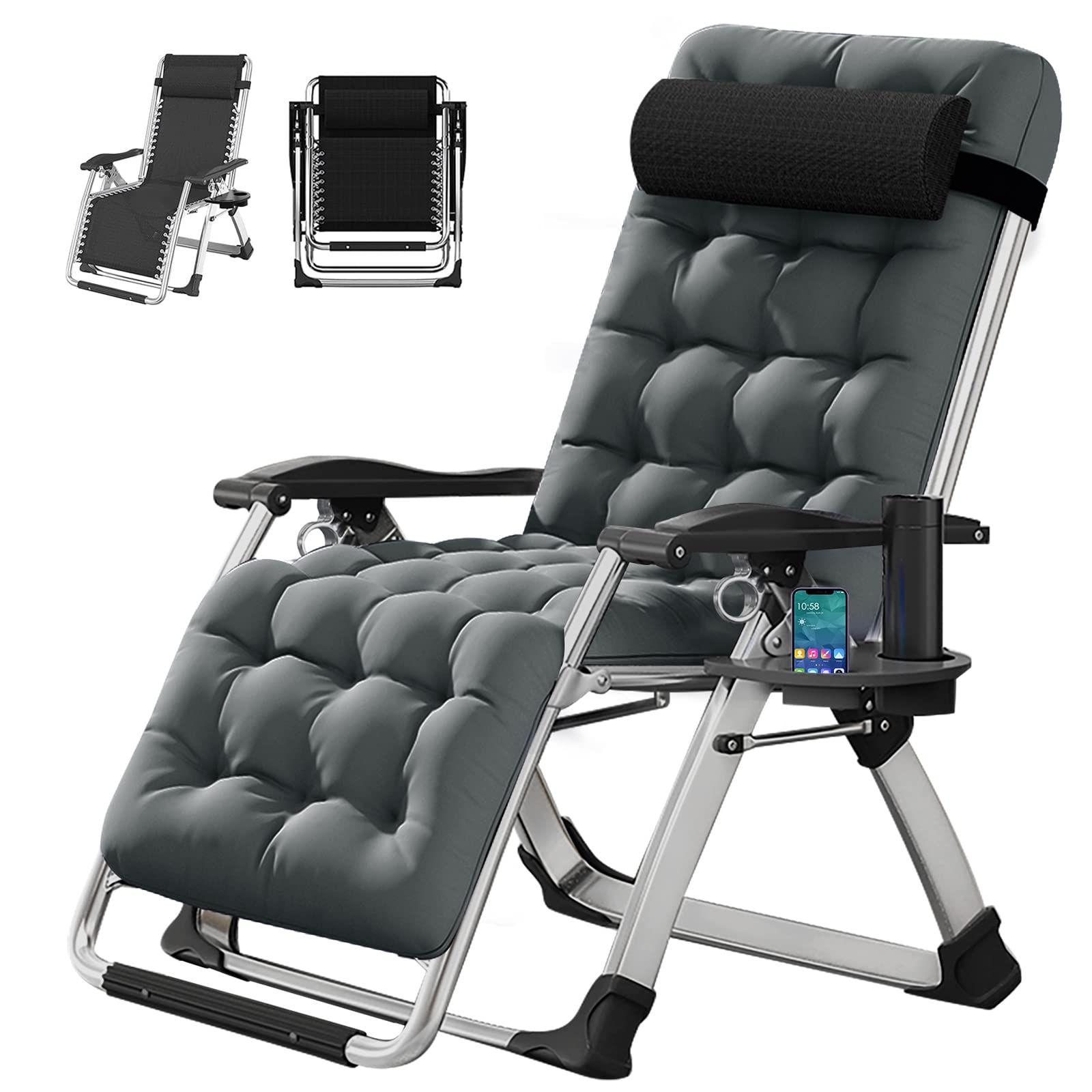 Zero Gravity Chair, Lawn Recliner, Reclining Patio Lounger Chair, Folding Portable Chaise With Detachable Soft Cushion, Cup Holder, Headrest