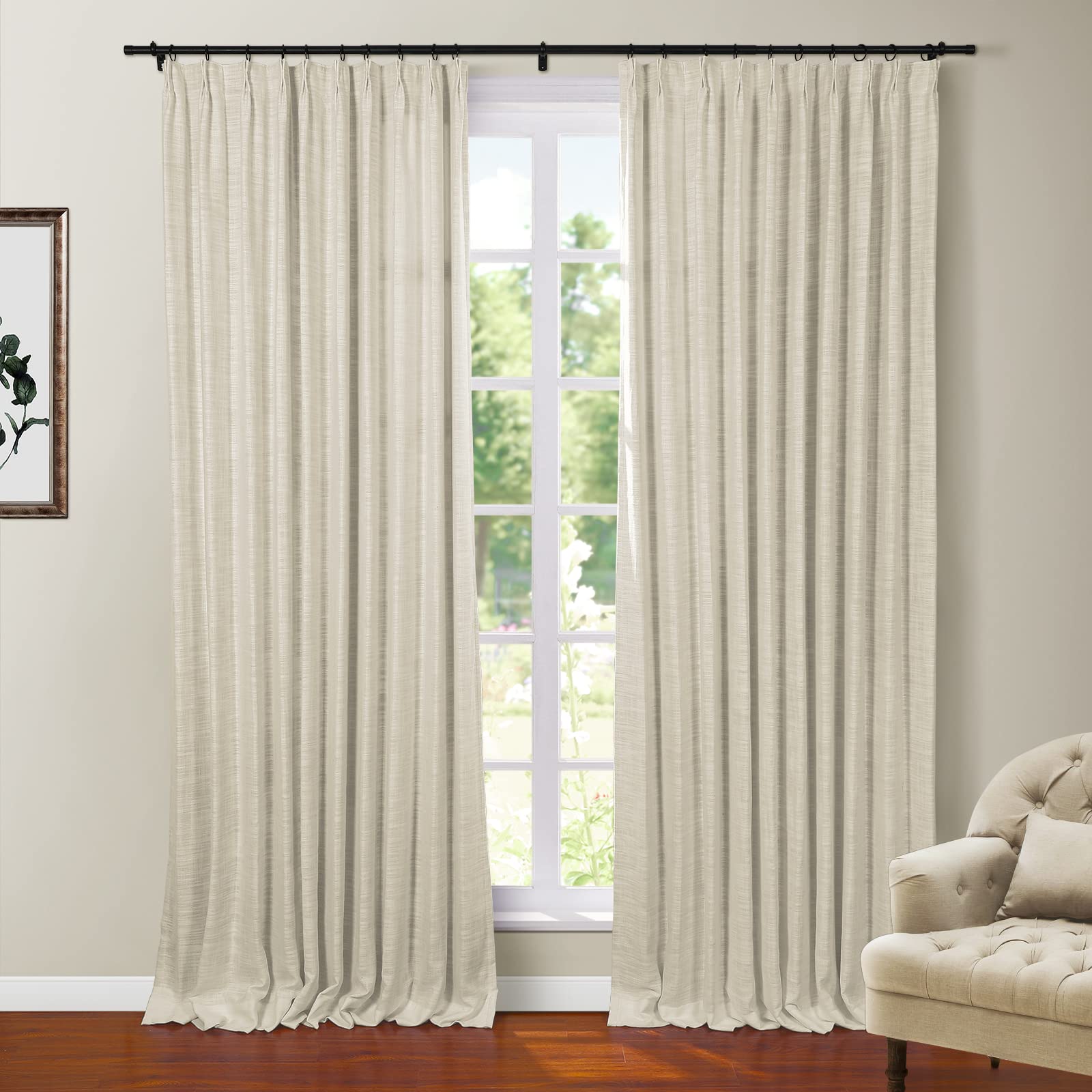 Twopages Greyish Beige Polyester Linen 96 Inches Long Thermal Insulated Curtain With Pinch Pleated And Back Tab Blackout Texture