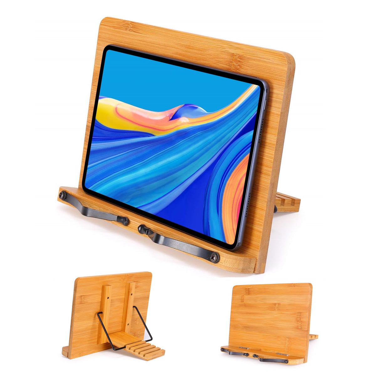 Megrez Bamboo Book Stand For Reading, Adjustable Cookbook Holder Stand With Page Clips, Recipe Book Holder Stand For Kitchen, Sm