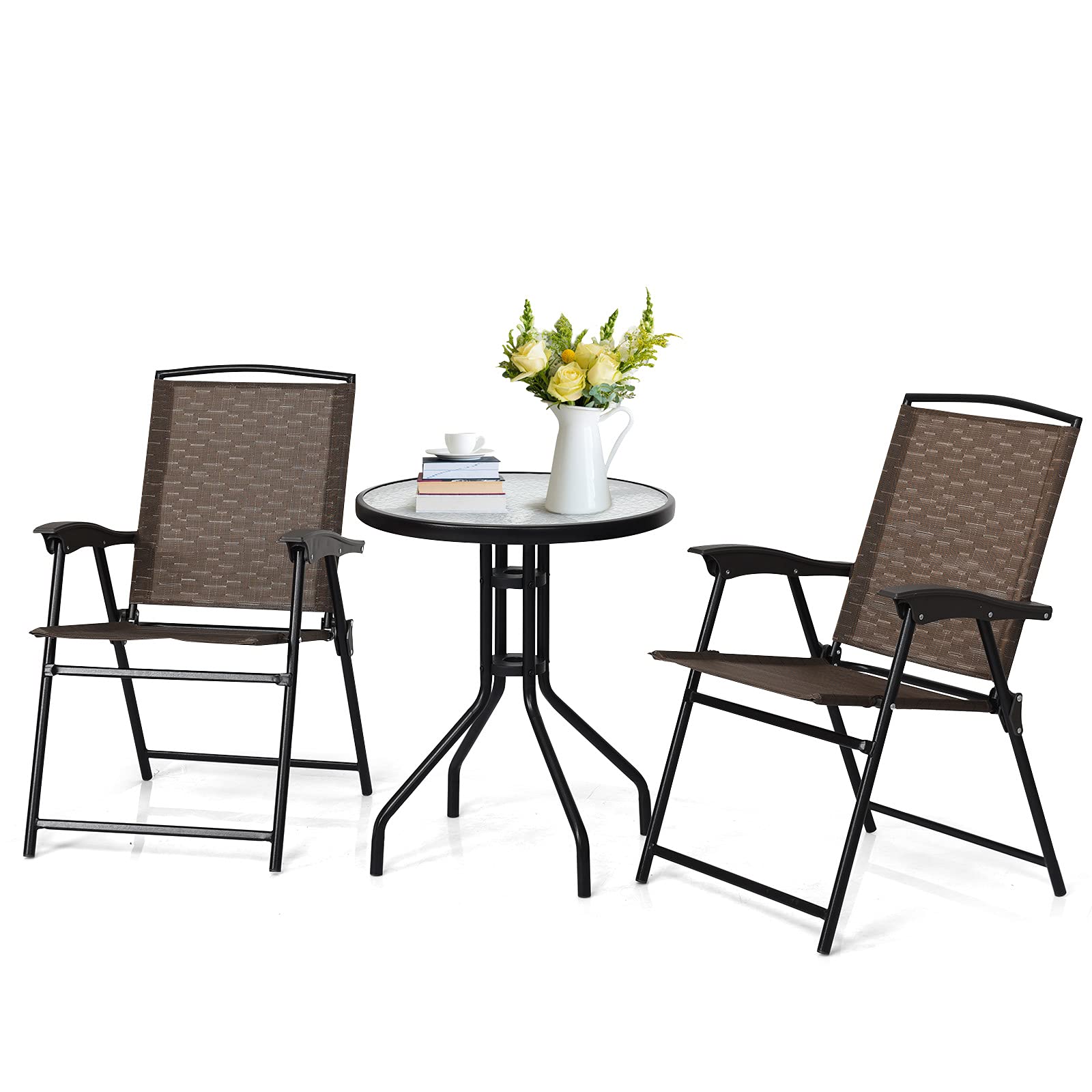 Tangkula 3 Pieces Patio Bistro Set, Outdoor Folding Chairs & Table Set With Tempered Glass Tabletop, Round Table & 2 Foldable Chairs, Small Outdoor Furniture Set For Garden, Poolside & Backyard