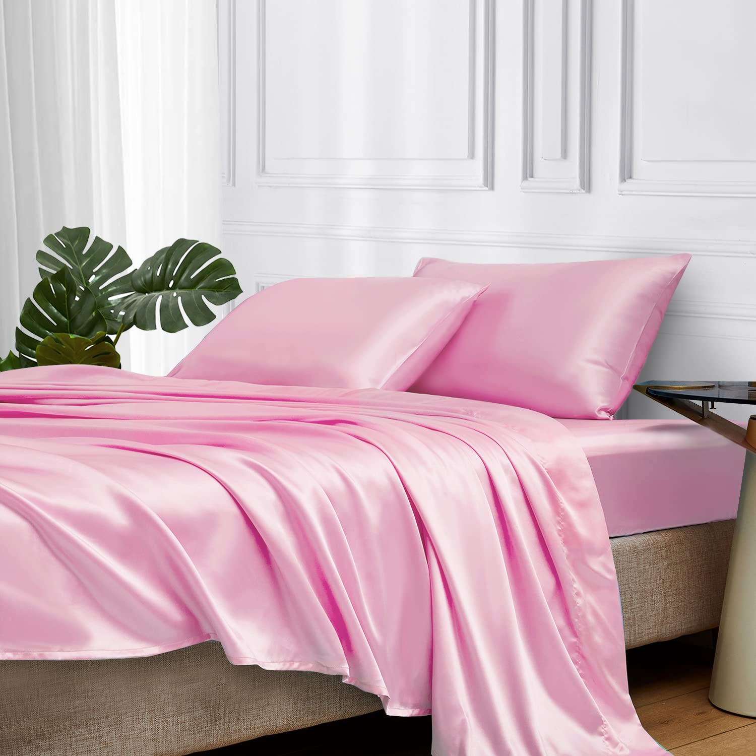 Mr&Hm Satin Bed Sheets, Queen Size Sheets Set, 4 Pcs Silky Bedding Set With 15 Inches Deep Pocket For Mattress (Queen, Pink)