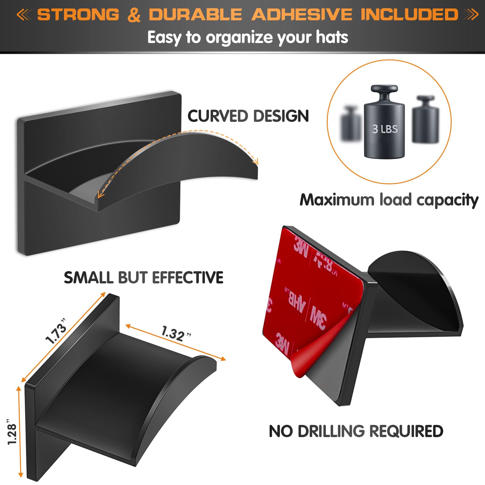 Qteeyou Adhesive Hat Hooks - 12PCS Black Hat Rack, No Drilling, Strong Hold, Minimalist Design, Wall Organizer for Caps