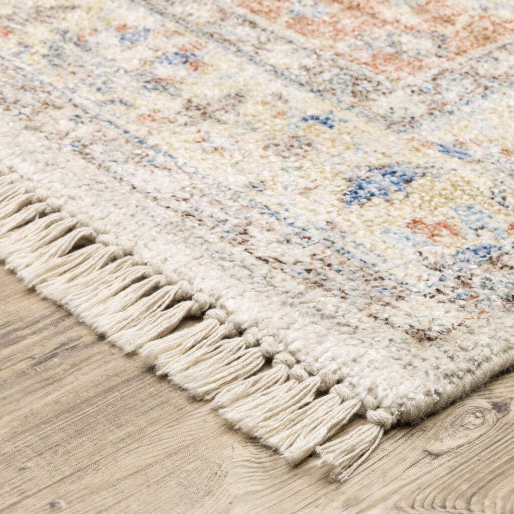 HomeRoots 509461 10 x 13 ft. Orange & Blue Oriental Hand Loomed Stain Resistant Rectangle Area Rug with Fringe