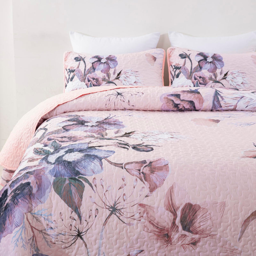 Drucon Floral Quilt Set King 3 Pieces Pink Floral Quilt Coverlet Set Soft Microfiber Lightweight Pink Quilted Bedspread For All