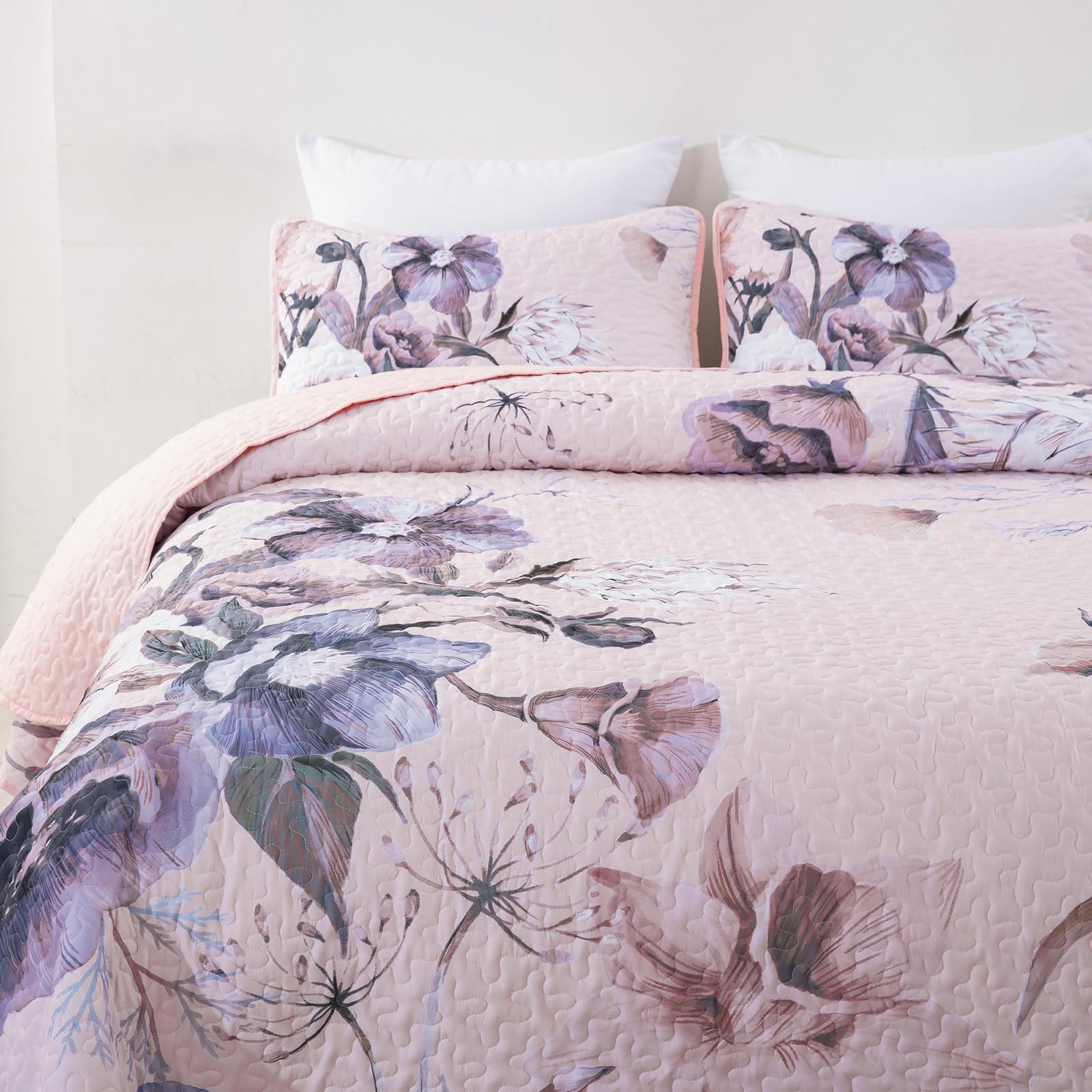 Drucon Floral Quilt Set King 3 Pieces Pink Floral Quilt Coverlet Set Soft Microfiber Lightweight Pink Quilted Bedspread For All