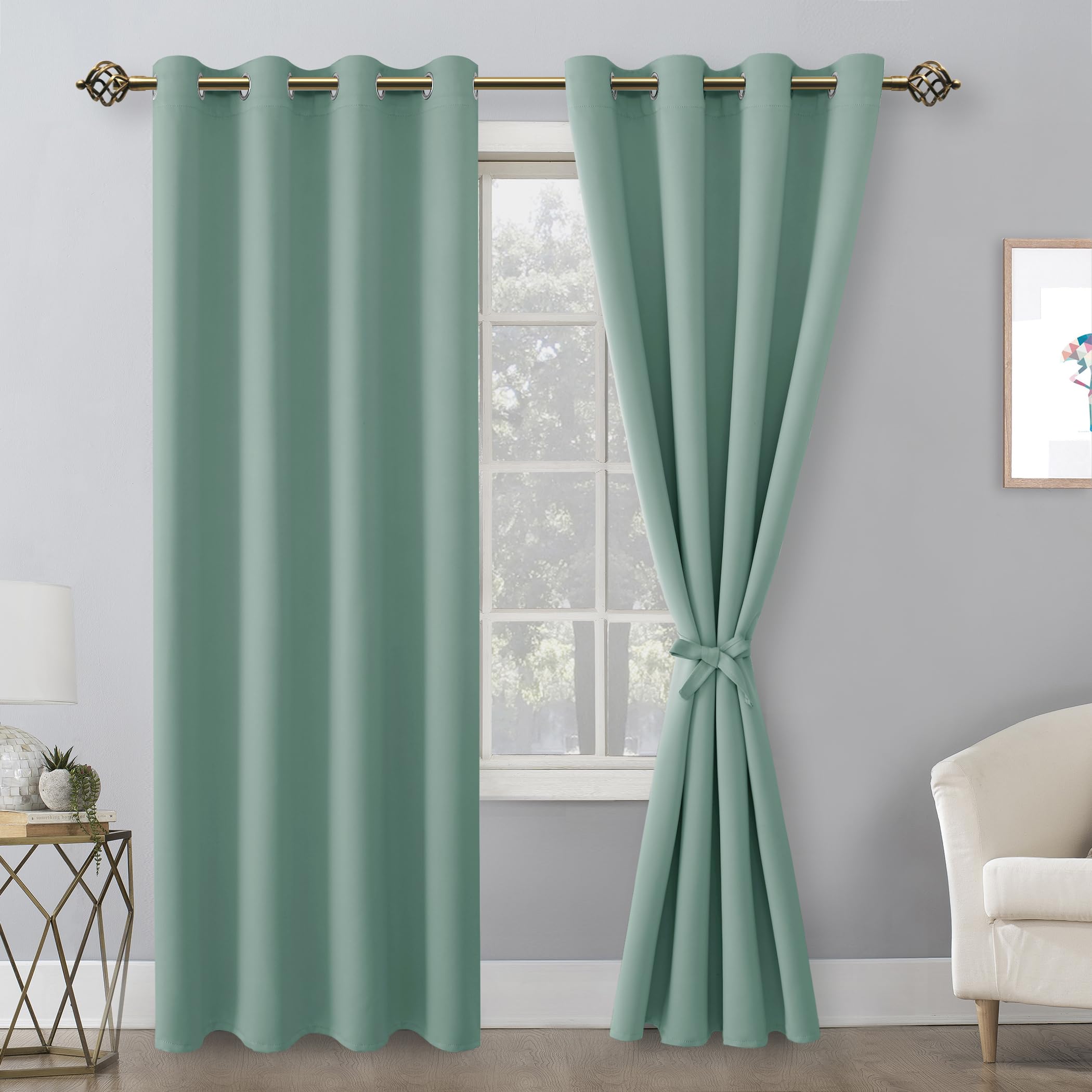 Hiasan Blackout Curtains For Bedroom, 52 X 84 Inches Long - Thermal Insulated & Light Blocking Window Curtains For Living Room, 2 Drape Panels Sewn With Tiebacks, Sage Green