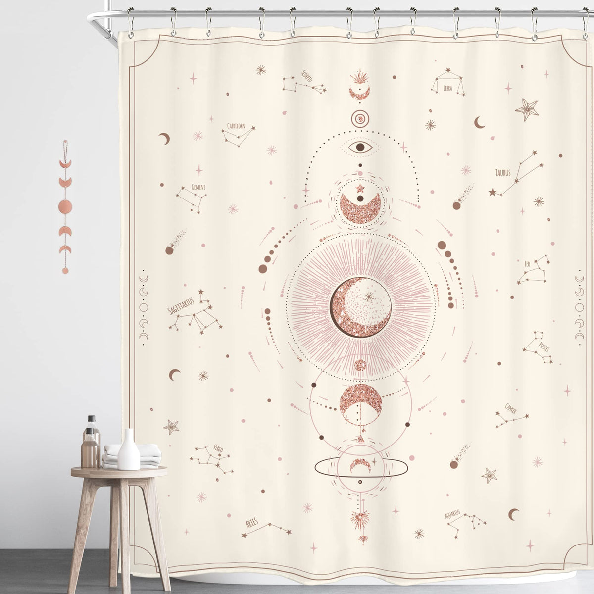 Homewelle Zodiac Constellation Shower Curtain Astrology Beige 60Wx72H Inch Crescent Moon Phase Galaxy Celestial Gothic Mystic My