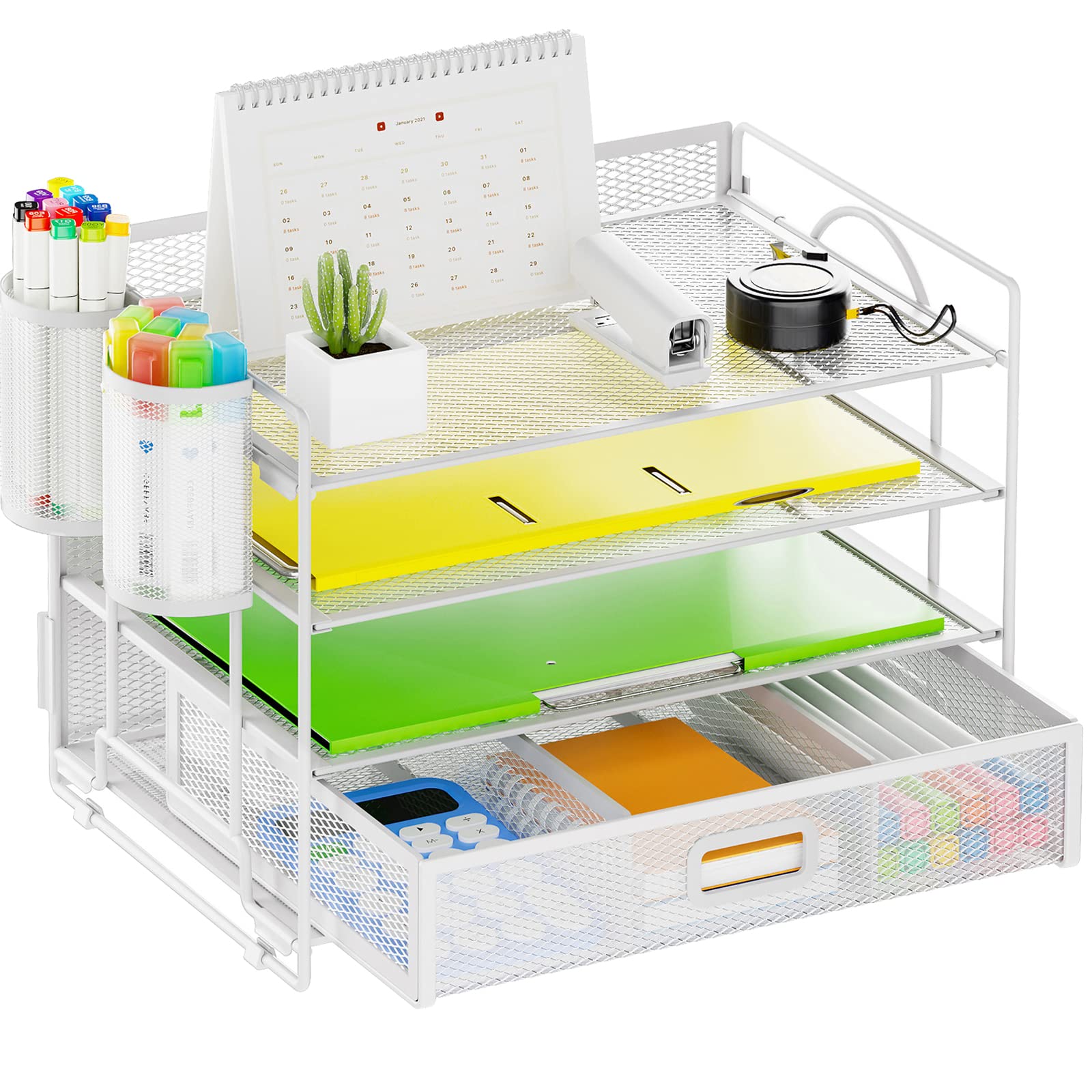 Marbrasse 4-Tier Paper File Letter Tray Desk Organizer With Drawer And 2 Pen Holders For School Home Office Desk Supplies (White
