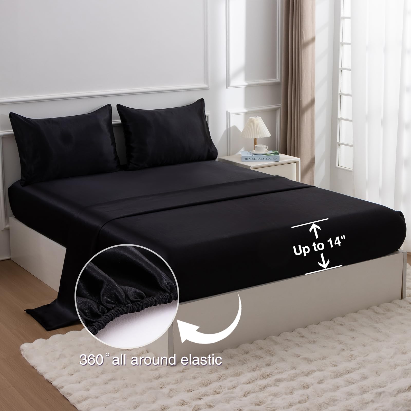 A Nice Night 5Pcs Satin Silky Soft Quilt Luxury Super Soft Microfiber Bedding Thin Comforter Set Queen,Black