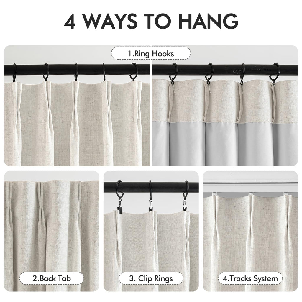 Miulee Natural Pinch Pleated 100% Blackout Linen Curtains 120 Inch Length 2 Panels Set, Pleat Curtains With Pin Hooks, Black Out