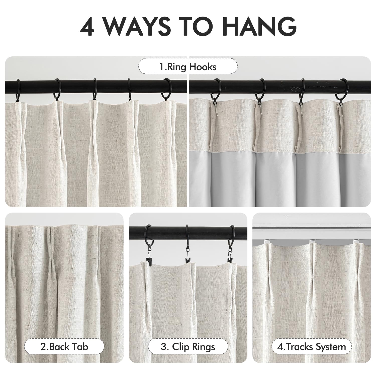 Miulee Natural Pinch Pleated 100% Blackout Linen Curtains For Bedroom, Room Darkening Light Blocking Window Curtains 84 Inches L