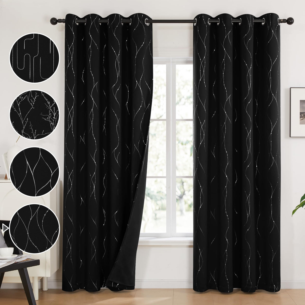 Deconovo 100% Black Out Curtains 63 Inch Length 2 Panels - Room Darkening Curtains, Grommet Drapes With Wave Line And Dots Print