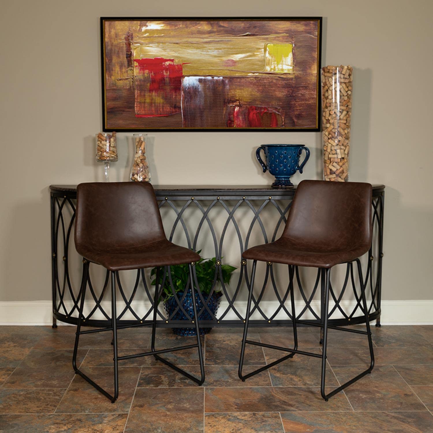 Flash Furniture Reagan 24&quot; LeatherSoft Counter Height Stools with Footrest, Mid-Century Modern Bucket Style Dining Chairs, Set of 2, Dark Brown