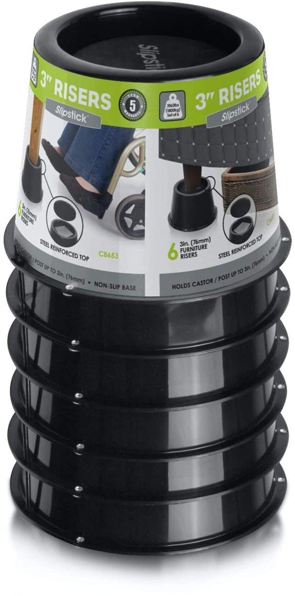 Slipstick Premium 3 Inch Bed Risers/Furniture Raisers with Steel Reinforced Holder Top, Lifts Height 3'' (6 Pack) Supports 3,960