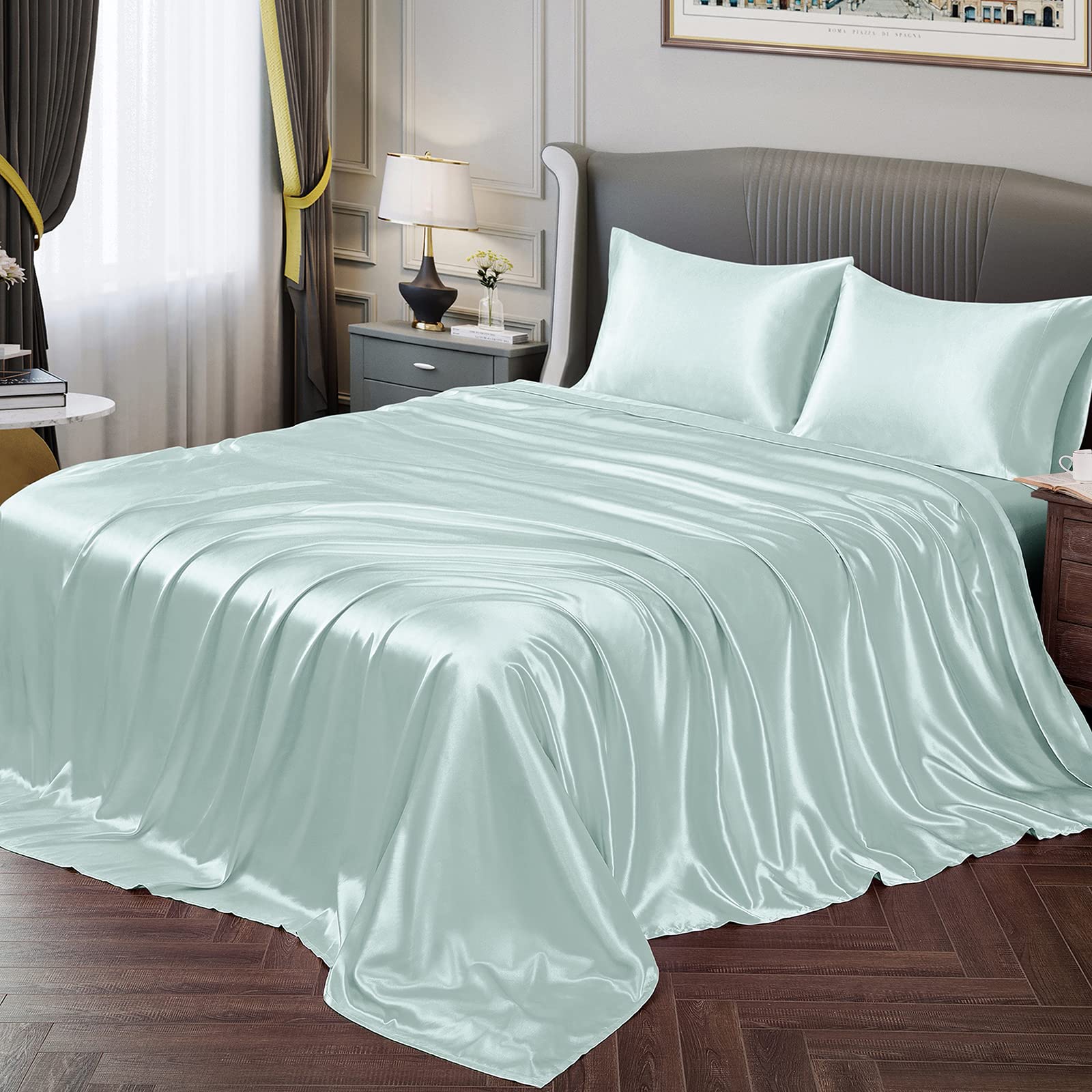 Vonty Satin Sheets King Silky Soft Satin Bed Sheets Ice Blue Satin Sheet Set, 1 Deep Pocket Fitted Sheet + 1 Flat Sheet + 2 Pill
