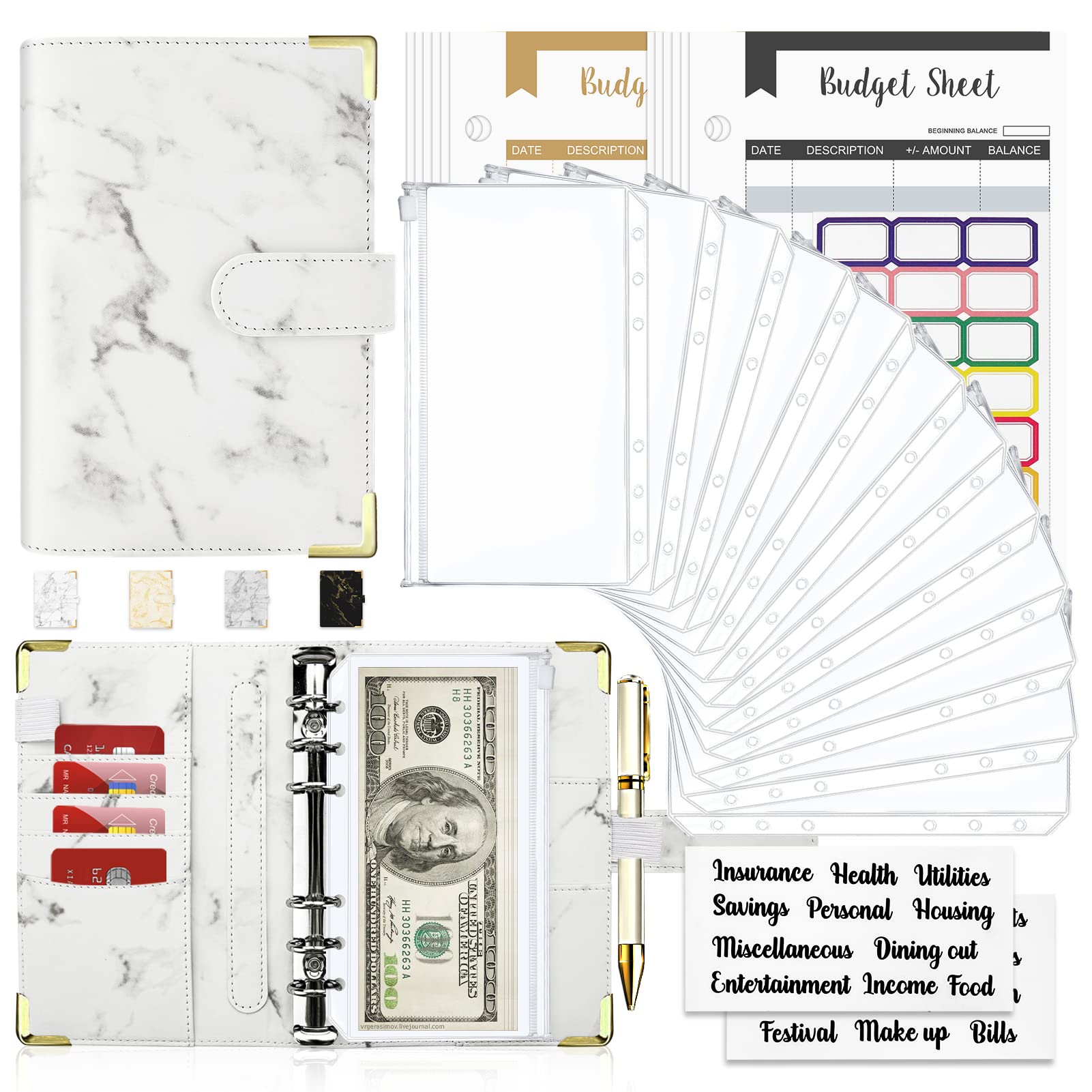 Onlyesh Budget Binder, Cash Envelopes For Budgeting, Money Organizer For Cash, 28Pcs Budget Binder With Cash Envelopes, Marble 6