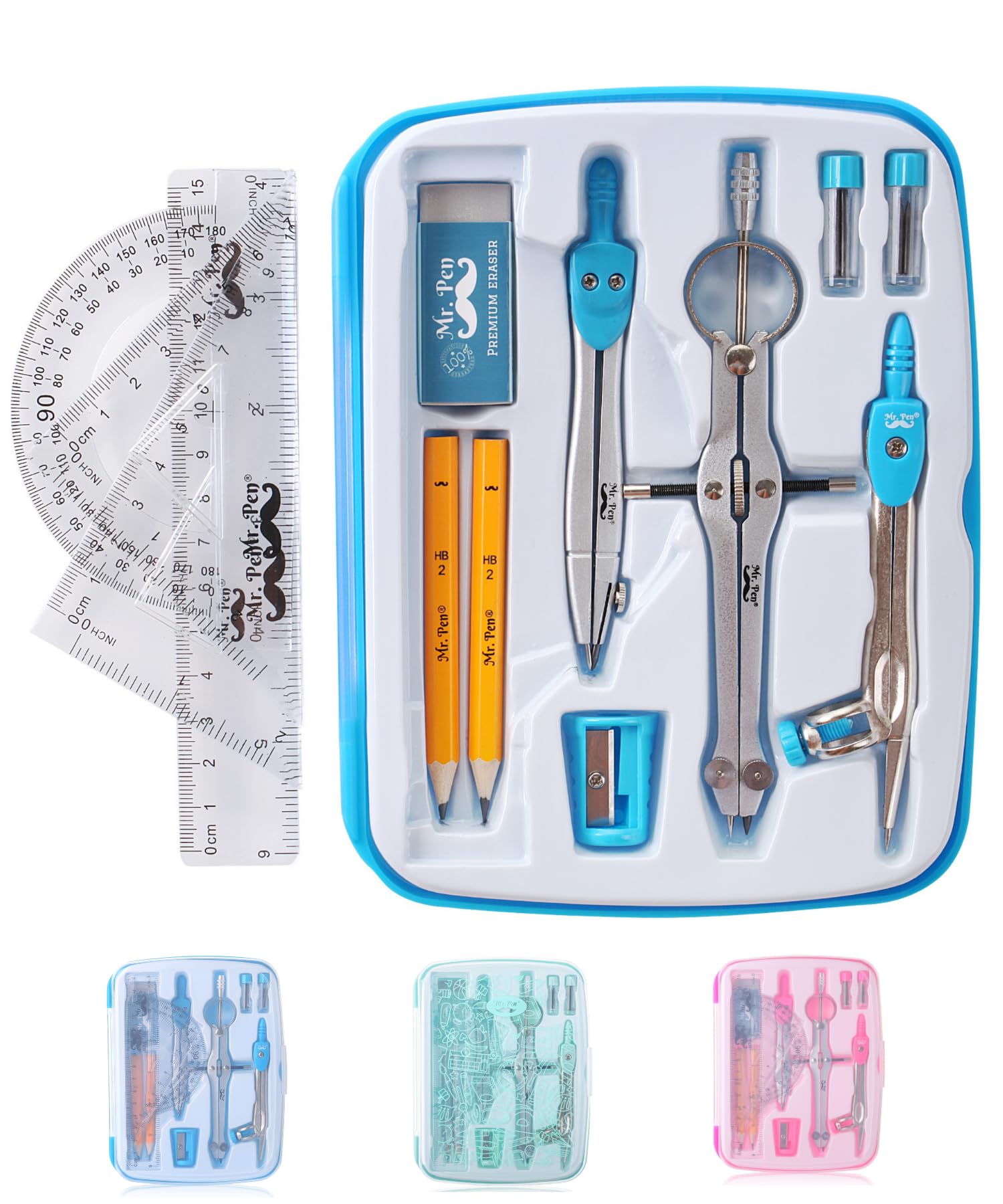 Mr. Pen 13 Piece Geometry Set With Shatterproof Storage Box, Blue